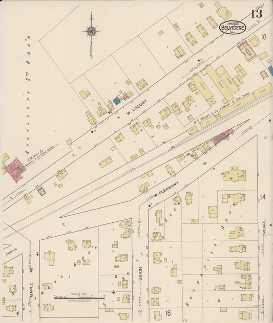 Sanborn Fire Insurance Map from Belvidere, Boone County, Illinois (1922), Sheet #0013 - Historic Sanborn Fire Insurance Map Print, vintage old map wall art, antique decor, genealogy gift, Illinois Illinois map
