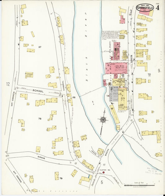 Sanborn Fire Insurance Map from Springfield, Windsor County, Vermont (1921), Sheet #0004 - Historic Sanborn Fire Insurance Map Print, vintage old map wall art, antique decor, genealogy gift, Vermont Vermont map