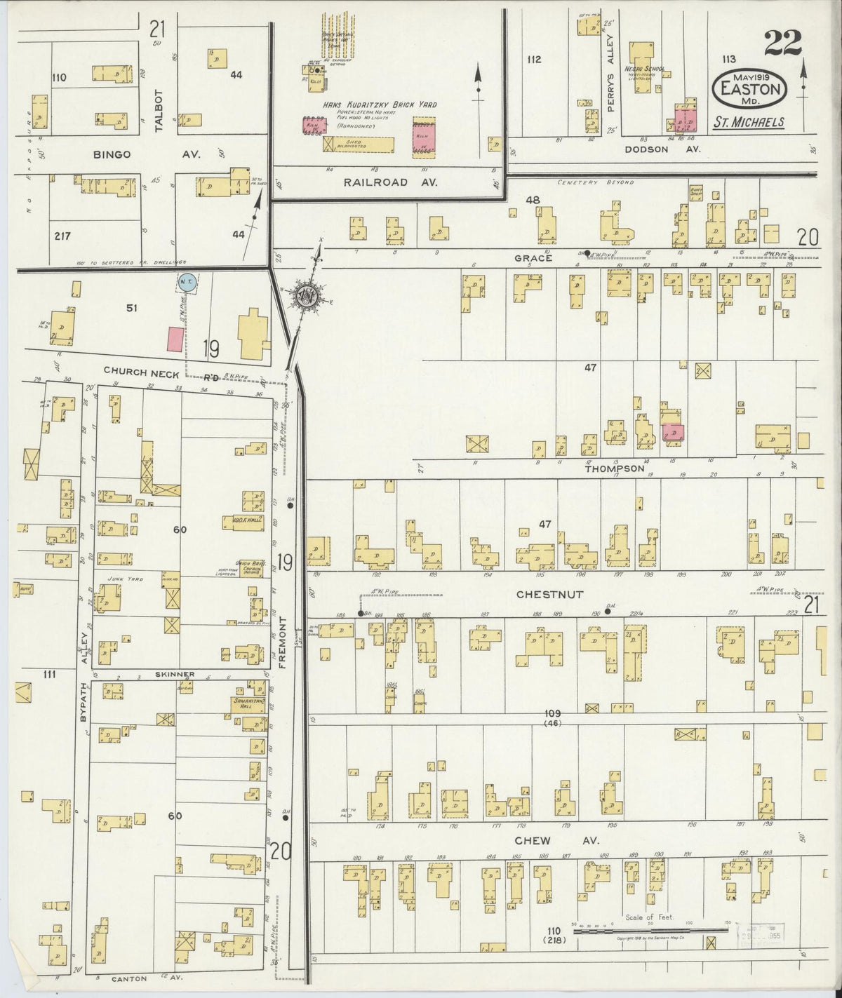 Sanborn Fire Insurance Map from Easton, Talbot County, Maryland (1919), Sheet #0022 - Historic Sanborn Fire Insurance Map Print, vintage old map wall art, antique decor, genealogy gift, Maryland Maryland map