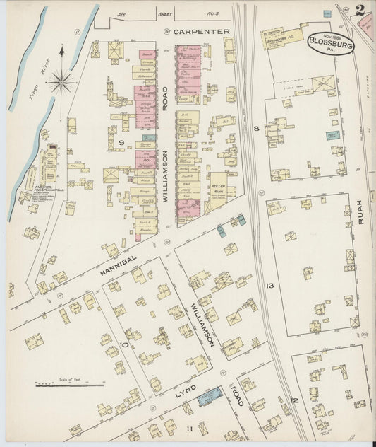 Sanborn Fire Insurance Map from Blossburg, Tioga County, Pennsylvania (1885), Sheet #0002 - Historic Sanborn Fire Insurance Map Print, vintage old map wall art, antique decor, genealogy gift, Pennsylvania Pennsylvania map