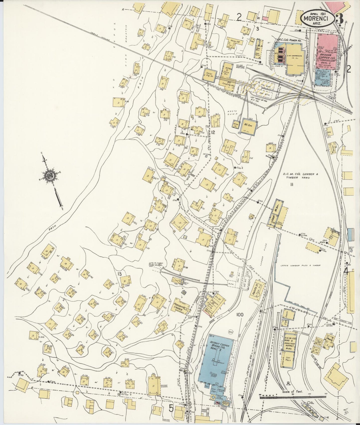 Sanborn Fire Insurance Map from Morenci, Greenlee County, Arizona (1911), Sheet #0003 - Complete Map Set gallery image, historic Sanborn map, vintage wall art, Arizona Arizona