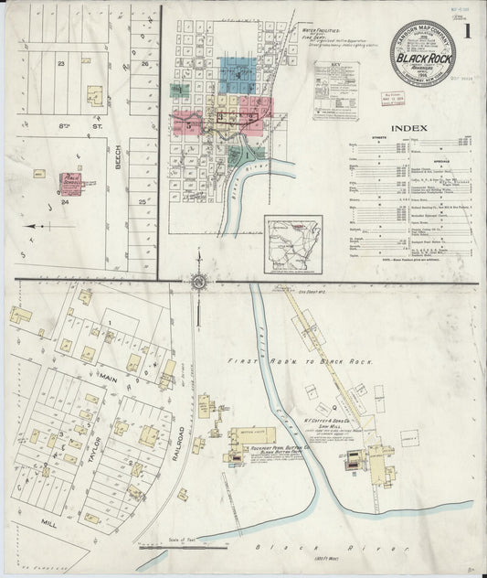 Sanborn Fire Insurance Map from Black Rock, Lawrence County, Arkansas (1914), Sheet #0001 - Historic Sanborn Fire Insurance Map Print, vintage old map wall art, antique decor, genealogy gift, Arkansas Arkansas map