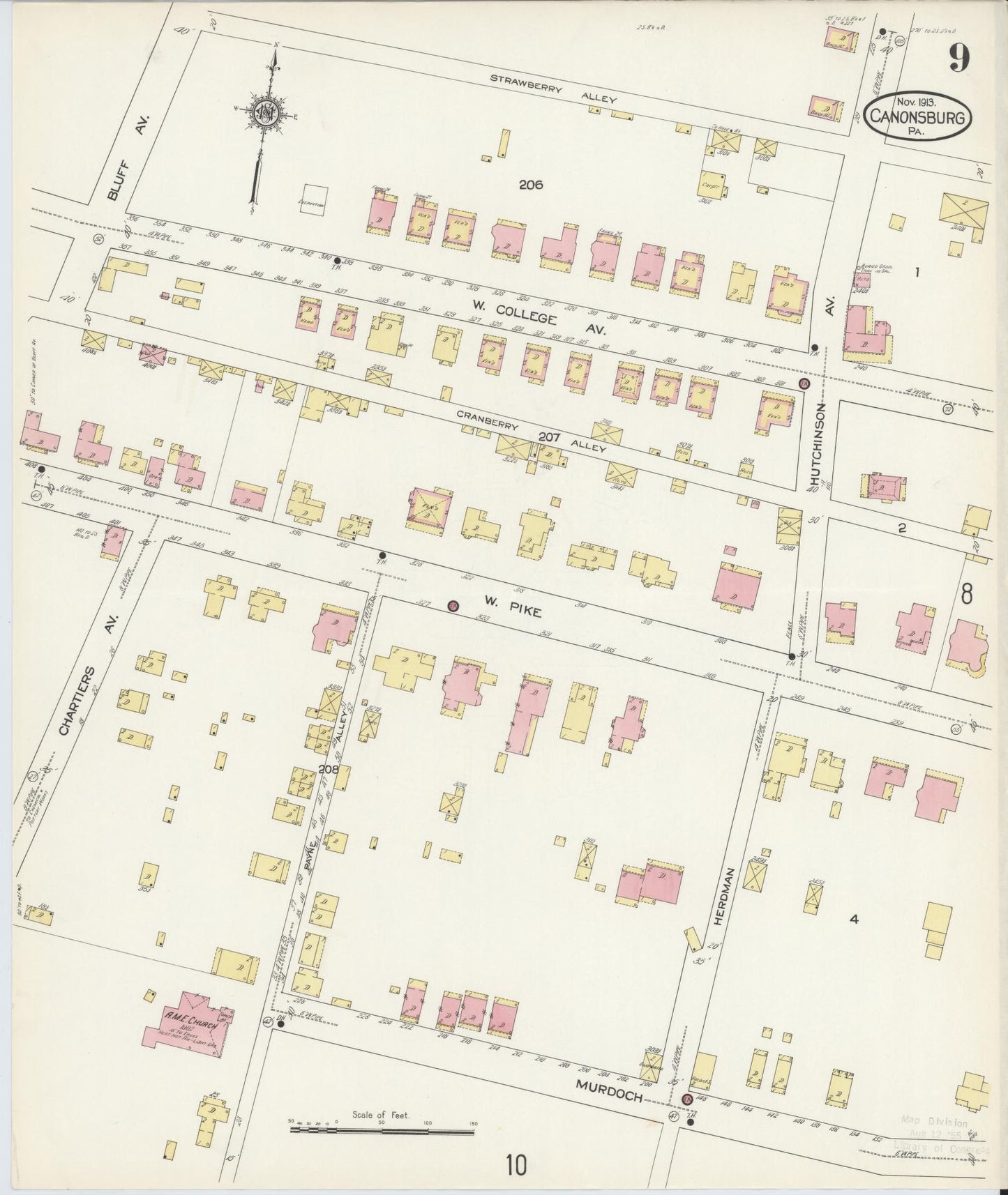Sanborn Fire Insurance Map from Canonsburg, Washington County, Pennsylvania (1913), Sheet #0009 - Historic Sanborn Fire Insurance Map Print, vintage old map wall art, antique decor, genealogy gift, Pennsylvania Pennsylvania map