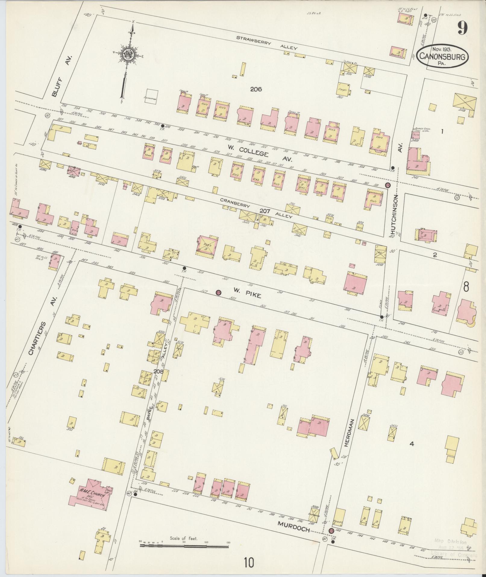 Sanborn Fire Insurance Map from Canonsburg, Washington County, Pennsylvania (1913), Sheet #0009 - Historic Sanborn Fire Insurance Map Print, vintage old map wall art, antique decor, genealogy gift, Pennsylvania Pennsylvania map