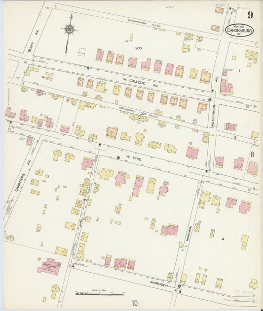Sanborn Fire Insurance Map from Canonsburg, Washington County, Pennsylvania (1913), Sheet #0009 - Historic Sanborn Fire Insurance Map Print, vintage old map wall art, antique decor, genealogy gift, Pennsylvania Pennsylvania map