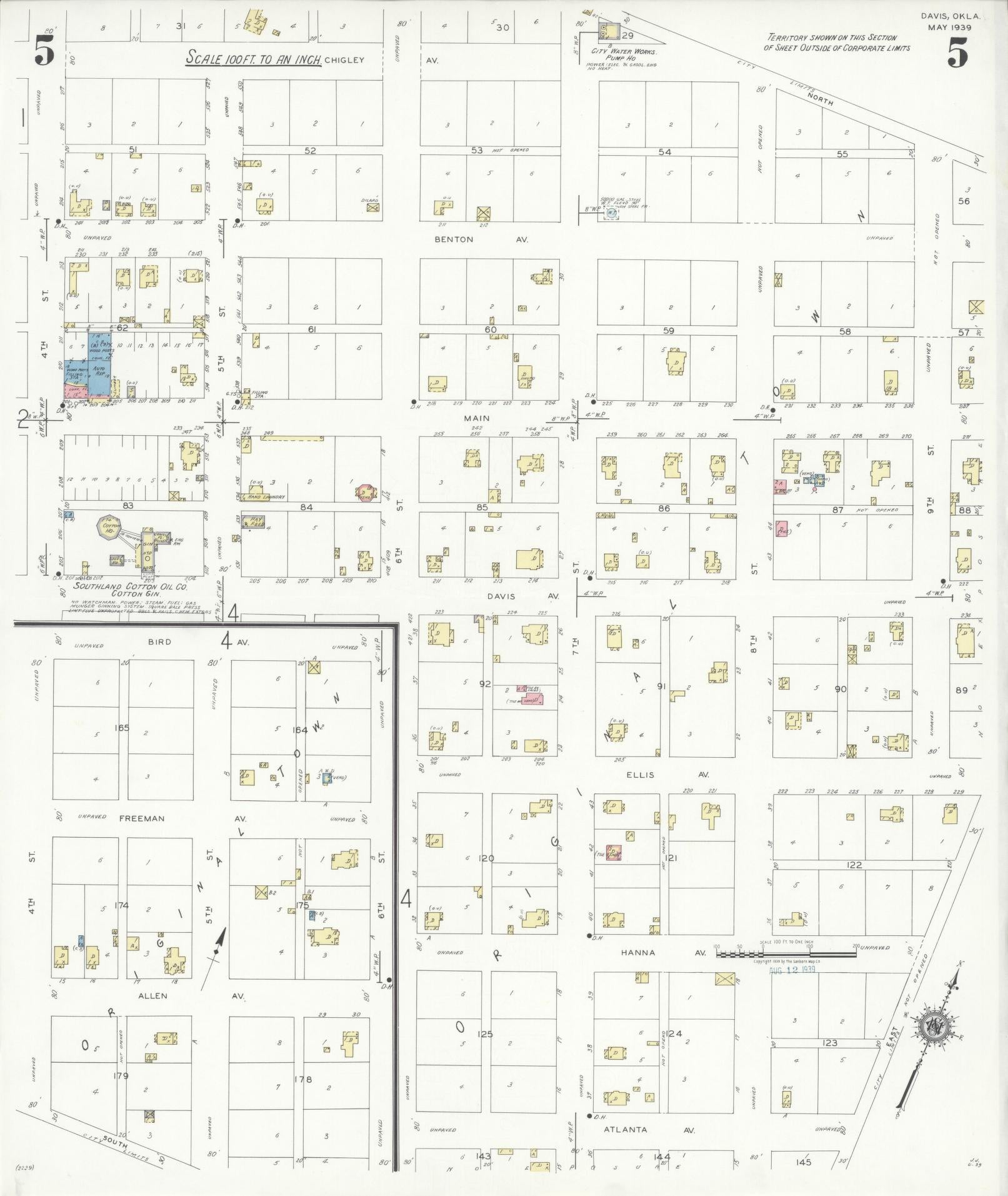 Sanborn Fire Insurance Map from Davis, Murray County, Oklahoma (1939), Sheet #0005 - Complete Map Set gallery image, historic Sanborn map, vintage wall art, Oklahoma Oklahoma