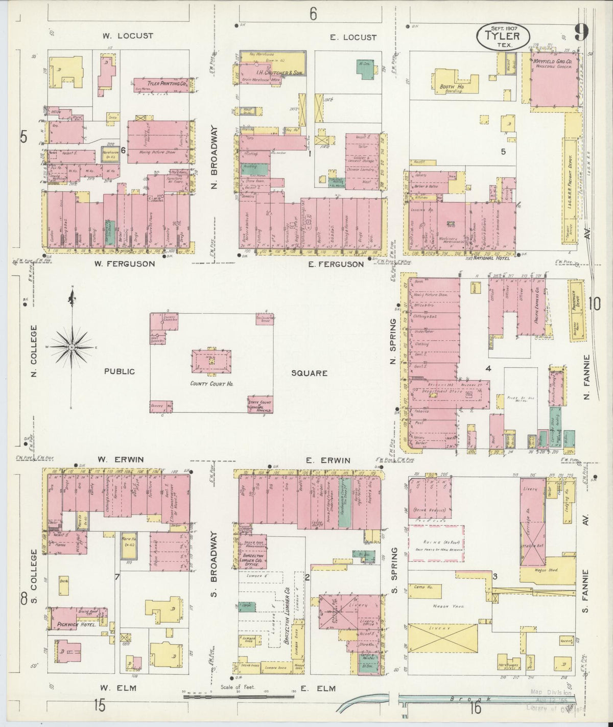 Sanborn Fire Insurance Map from Tyler, Smith County, Texas (1907), Sheet #0009 - Historic Sanborn Fire Insurance Map Print, vintage old map wall art, antique decor, genealogy gift, Texas Texas map