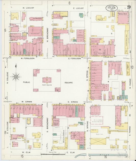 Sanborn Fire Insurance Map from Tyler, Smith County, Texas (1907), Sheet #0009 - Historic Sanborn Fire Insurance Map Print, vintage old map wall art, antique decor, genealogy gift, Texas Texas map