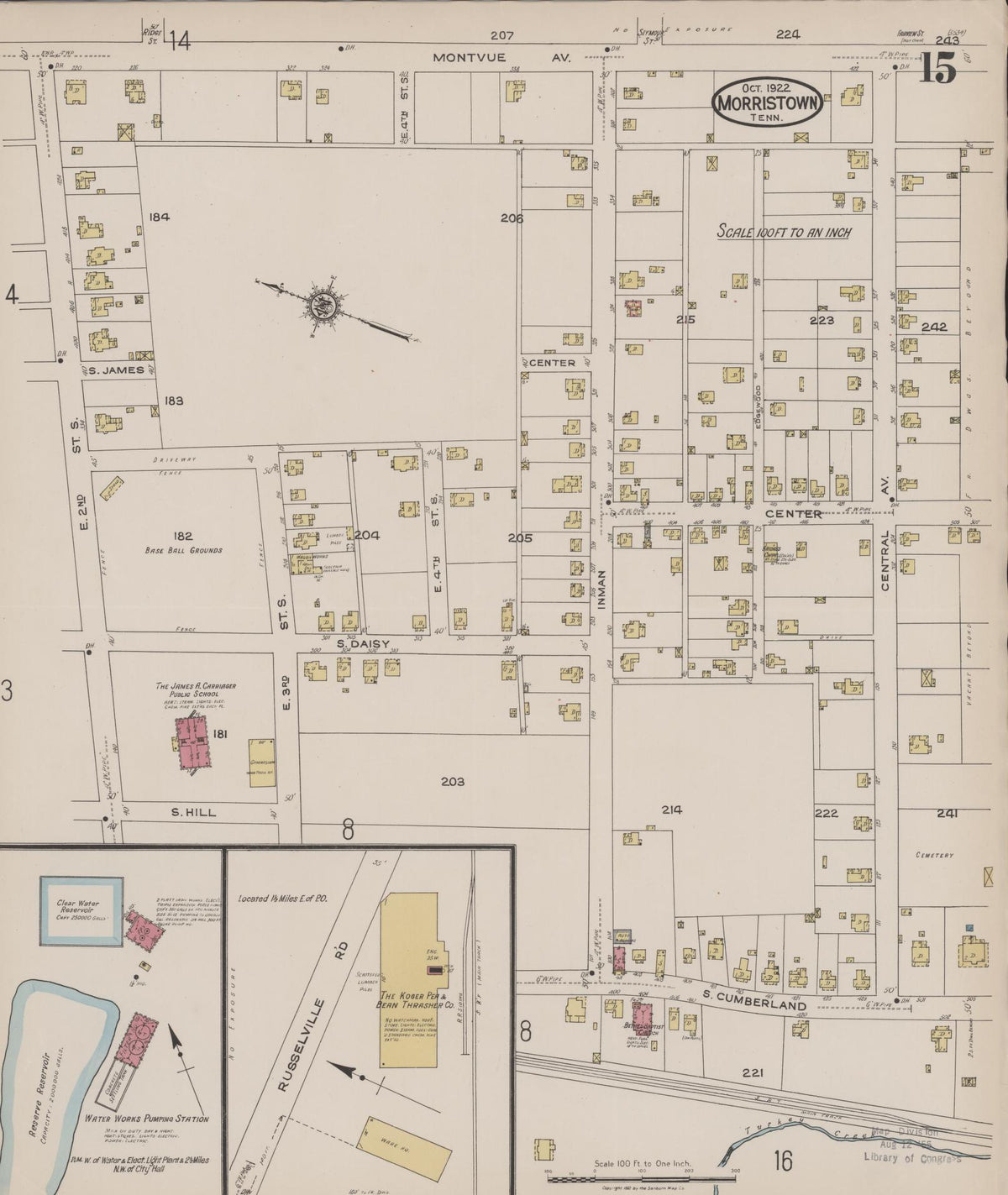 Sanborn Fire Insurance Map from Morristown, Hamblen County, Tennessee (1922), Sheet #0015 - Historic Sanborn Fire Insurance Map Print, vintage old map wall art, antique decor, genealogy gift, Tennessee Tennessee map