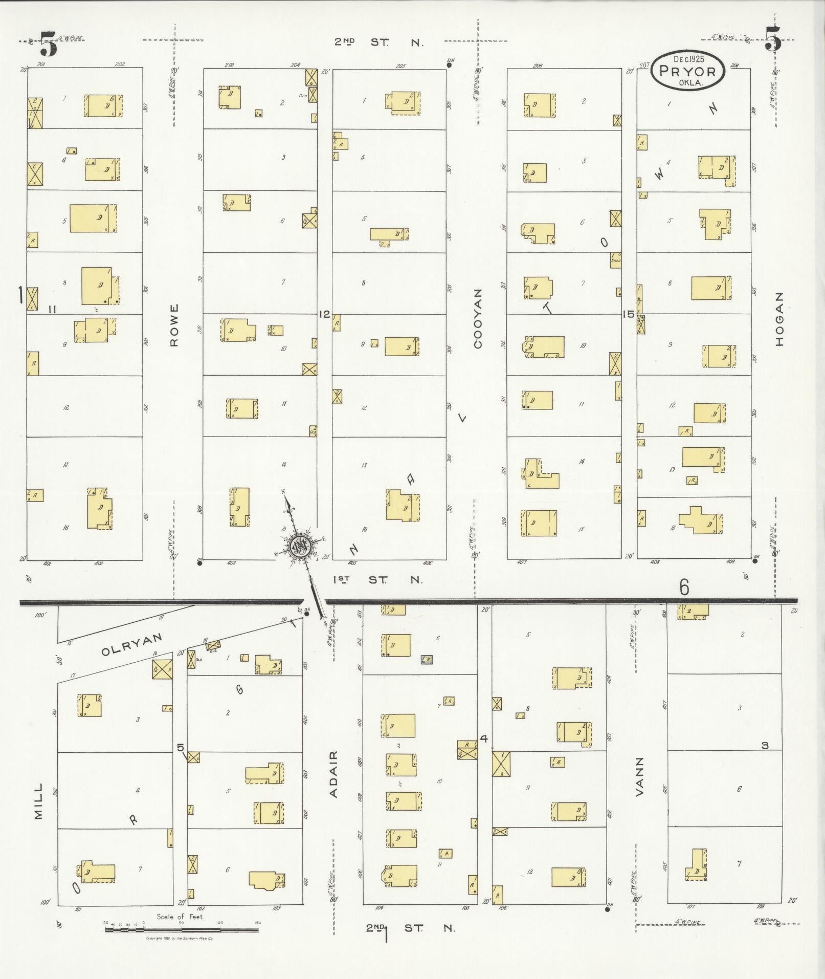 Sanborn Fire Insurance Map from Pryor Creek, Mayes County, Oklahoma (1925), Sheet #0005 - Complete Map Set gallery image, historic Sanborn map, vintage wall art, Oklahoma Oklahoma