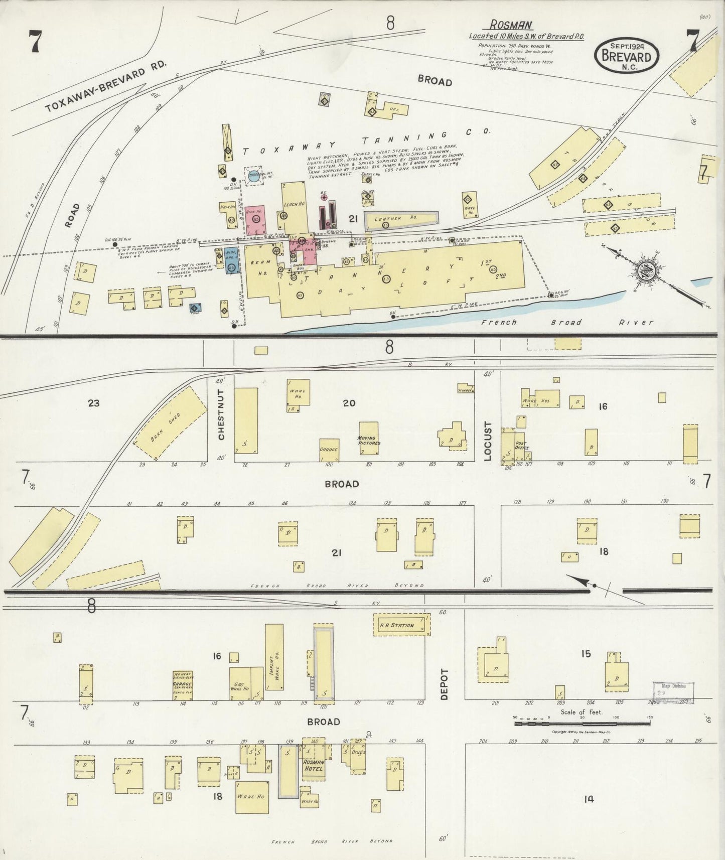 Sanborn Fire Insurance Map from Brevard, Transylvania County, North Carolina (1924), Sheet #0007 - Complete Map Set gallery image, historic Sanborn map, vintage wall art, North Carolina North Carolina