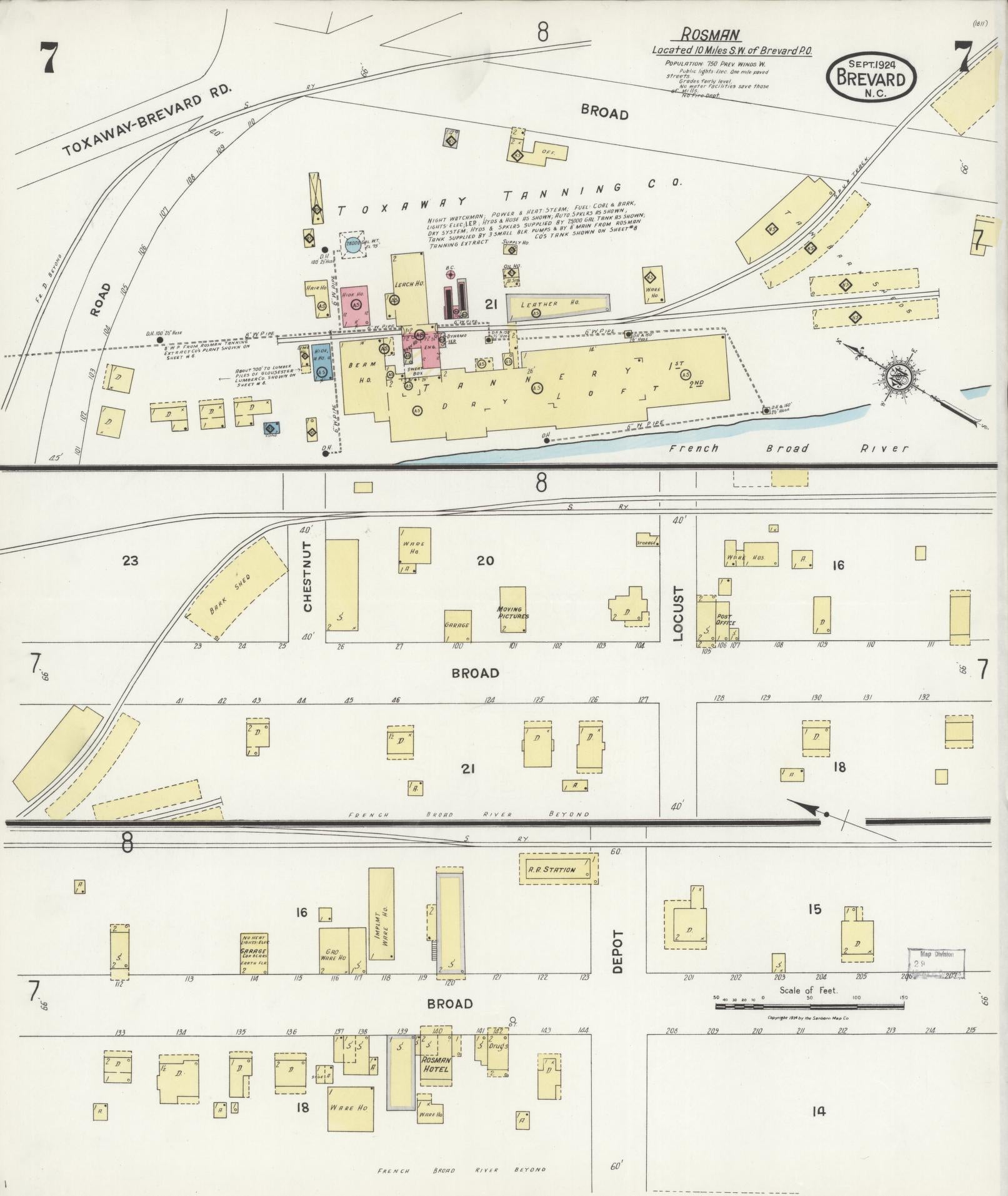 Sanborn Fire Insurance Map from Brevard, Transylvania County, North Carolina (1924), Sheet #0007 - Complete Map Set gallery image, historic Sanborn map, vintage wall art, North Carolina North Carolina