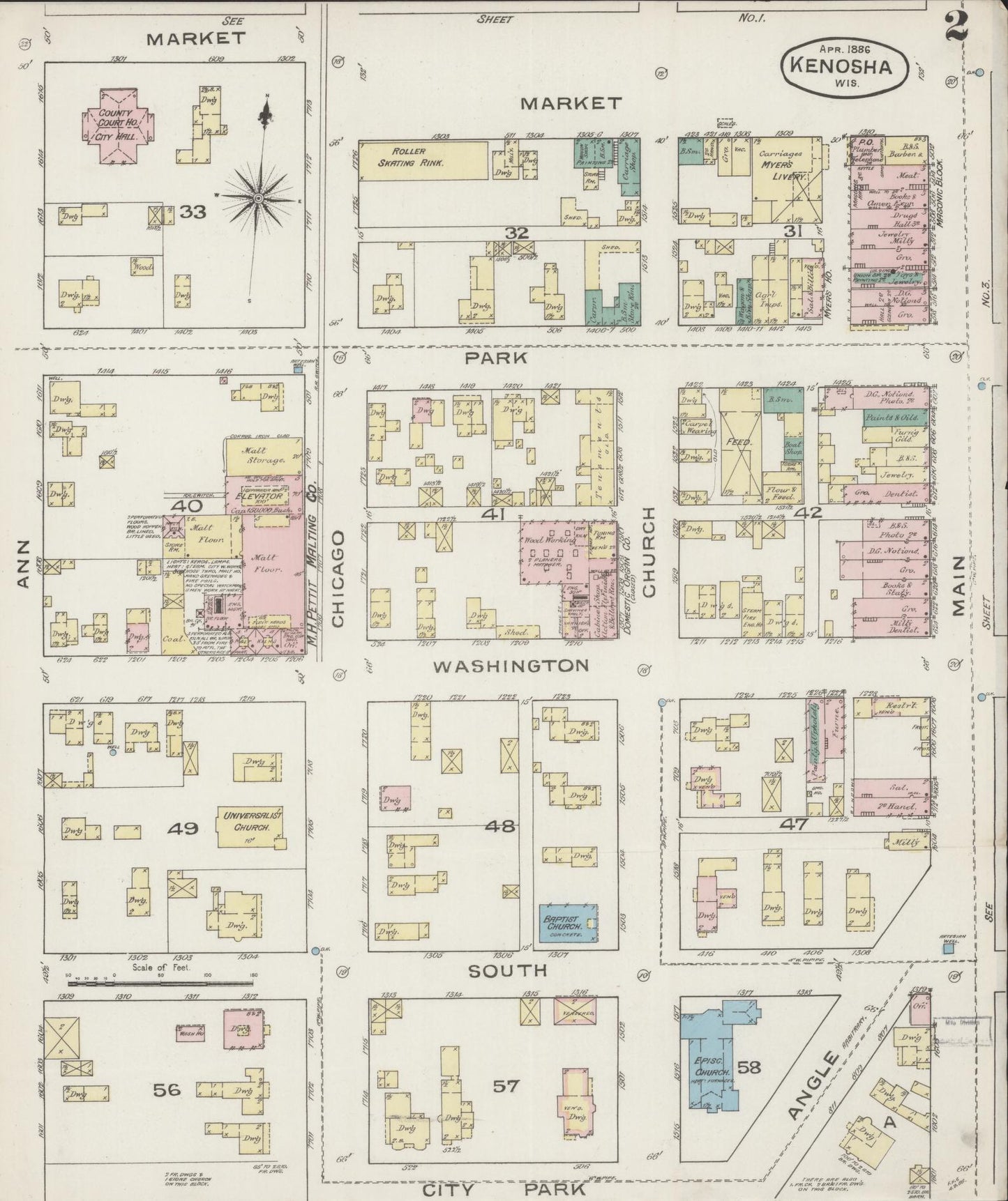 Sanborn Fire Insurance Map from Kenosha, Kenosha County, Wisconsin (1886), Sheet #0002 - Historic Sanborn Fire Insurance Map Print, vintage old map wall art, antique decor, genealogy gift, Wisconsin Wisconsin map