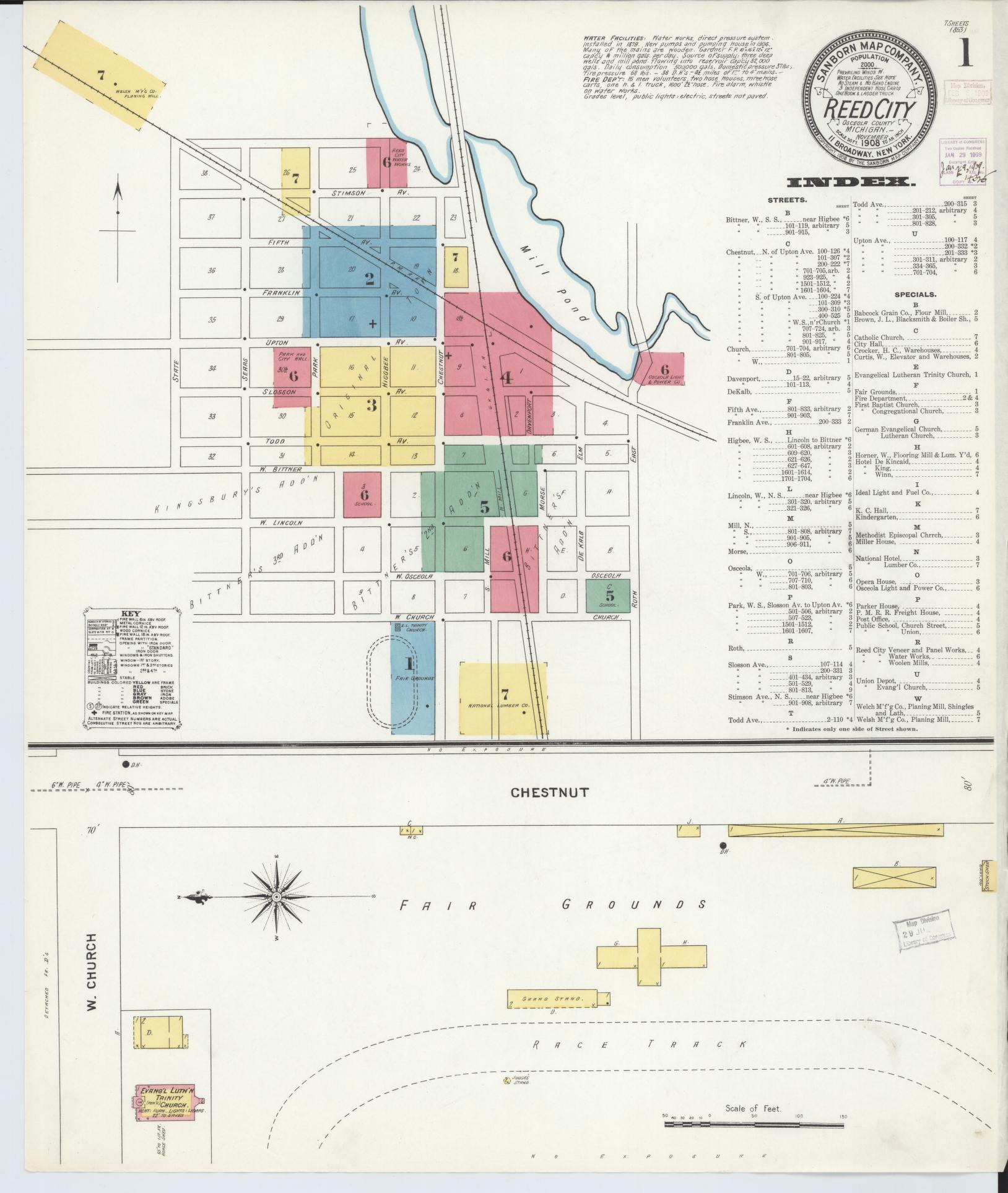Sanborn Fire Insurance Map from Reed City, Osceola County, Michigan (1908), Sheet #0001 - Complete Map Set gallery image, historic Sanborn map, vintage wall art, Michigan Michigan