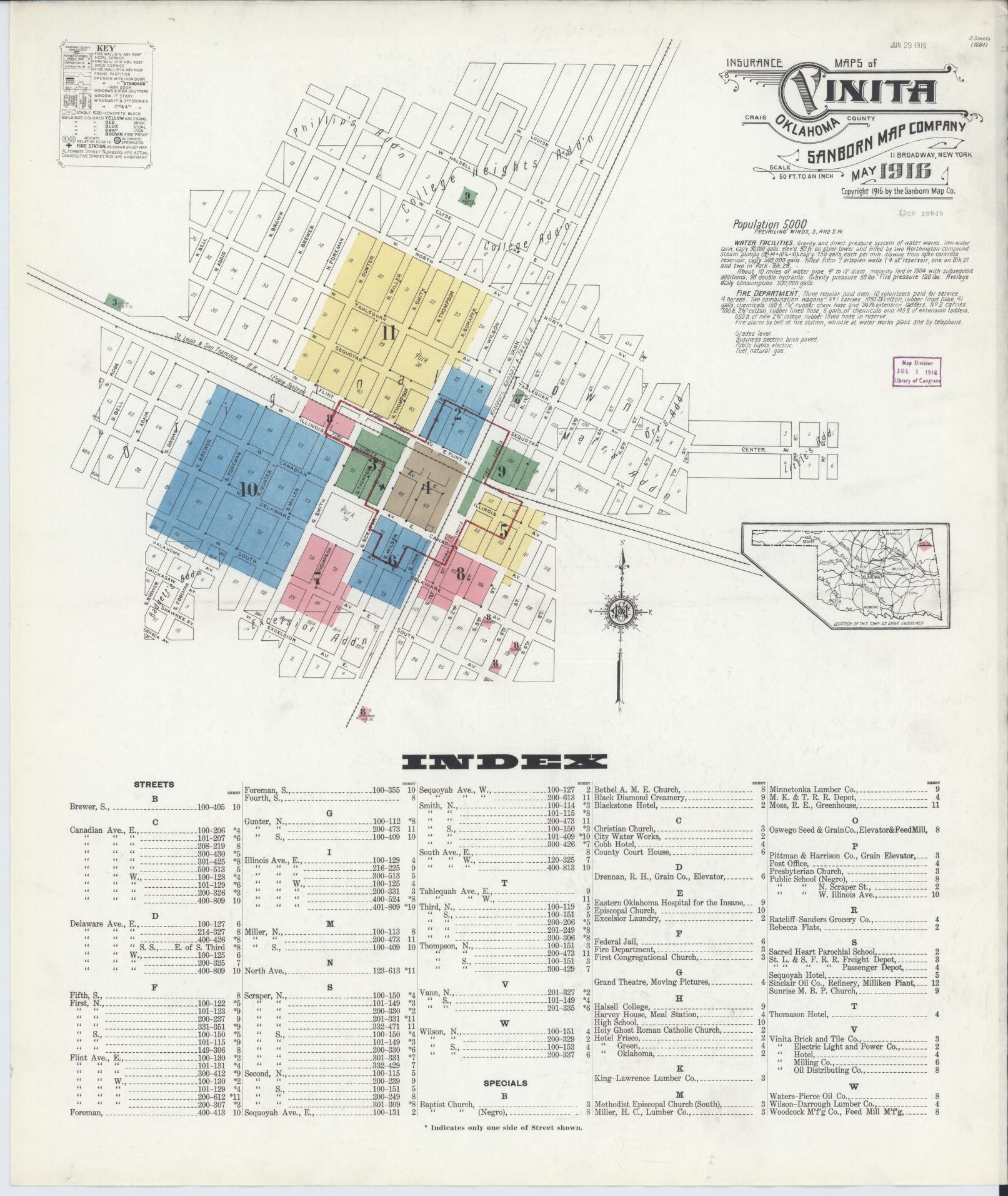 Sanborn Fire Insurance Map from Vinita, Craig County, Oklahoma (1916), Sheet #0001 - Historic Sanborn Fire Insurance Map Print, vintage old map wall art, antique decor, genealogy gift, Oklahoma Oklahoma map