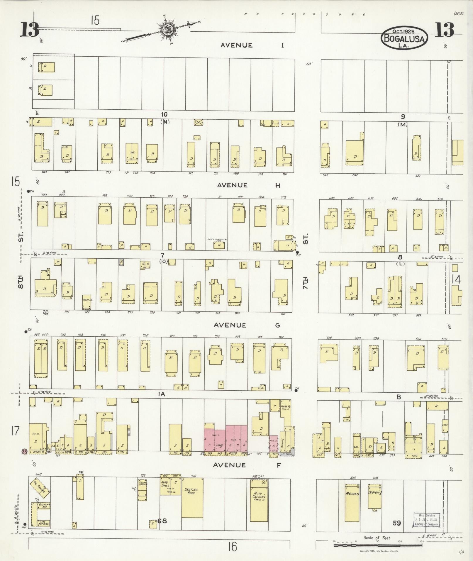 Sanborn Fire Insurance Map from Bogalusa, Washington Parish, Louisiana (1925), Sheet #0013 - Historic Sanborn Fire Insurance Map Print, vintage old map wall art, antique decor, genealogy gift, Louisiana Louisiana map