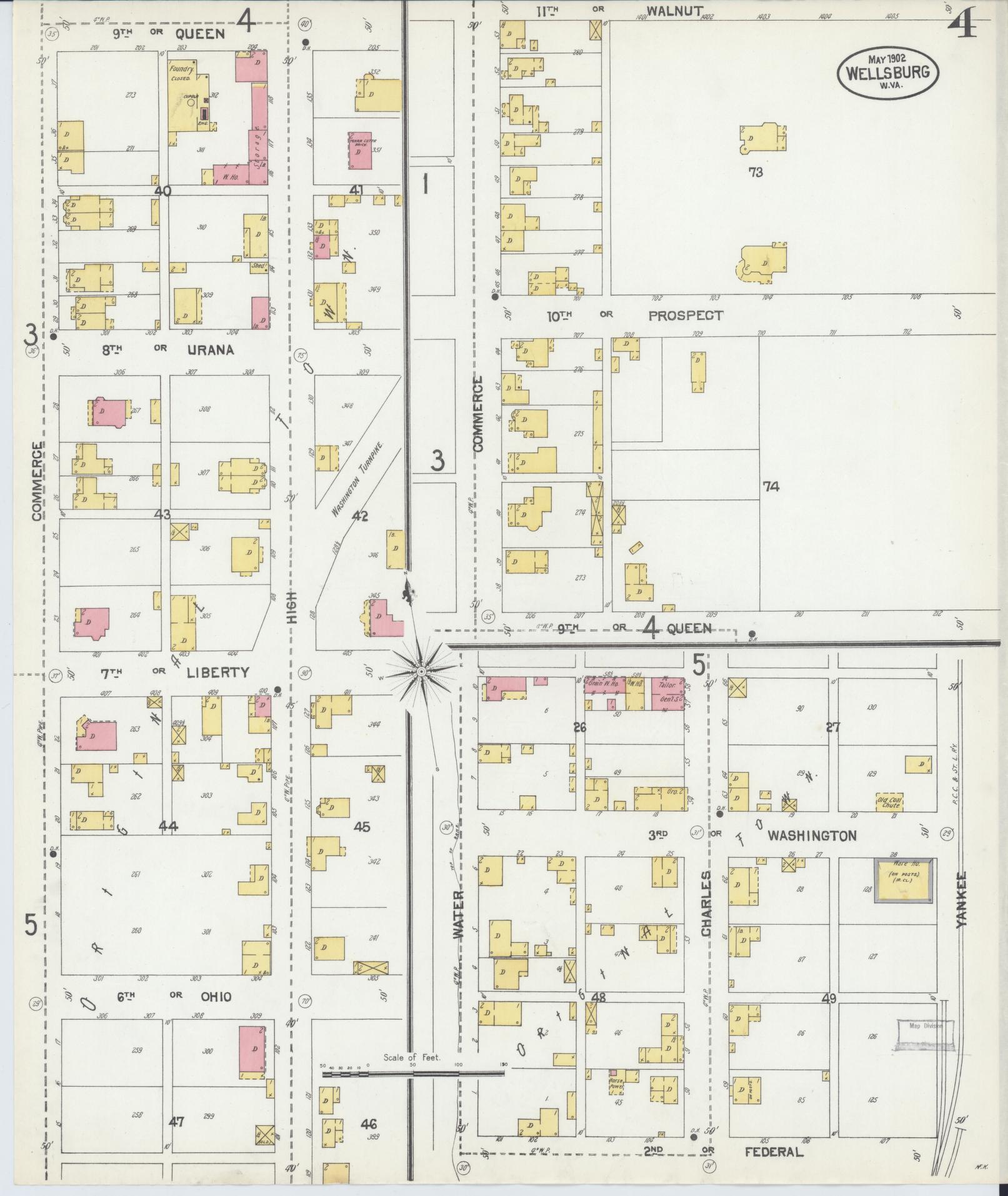 Sanborn Fire Insurance Map from Wellsburg, Brooke County, West Virginia (1902), Sheet #0004 - Historic Sanborn Fire Insurance Map Print, vintage old map wall art, antique decor, genealogy gift, West Virginia West Virginia map