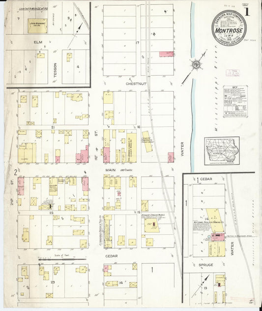 Sanborn Fire Insurance Map from Montrose, Lee County, Iowa (1913), Sheet #0001 - Historic Sanborn Fire Insurance Map Print, vintage old map wall art