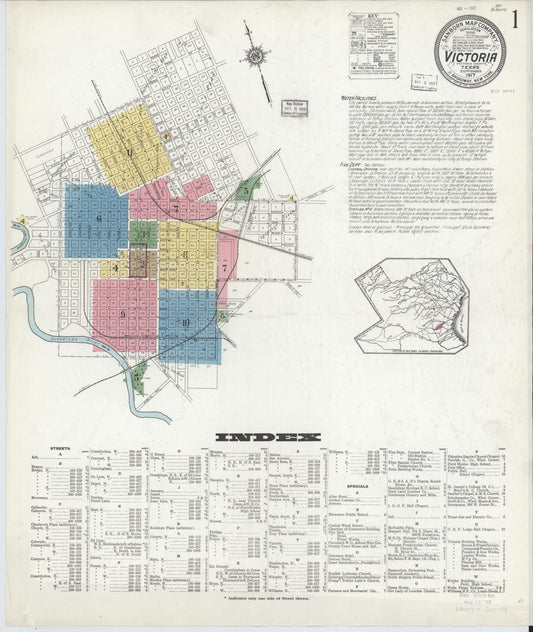 Sanborn Fire Insurance Map from Victoria, Victoria County, Texas (1917), Sheet #0001 - Historic Sanborn Fire Insurance Map Print, vintage old map wall art, antique decor, genealogy gift, Texas Texas map