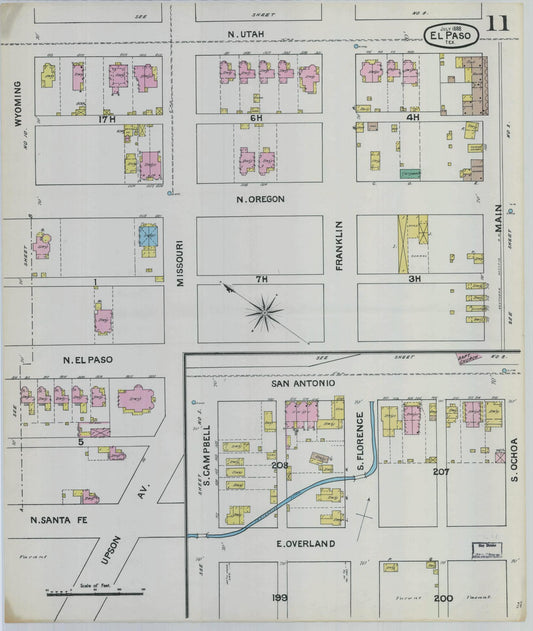 Sanborn Fire Insurance Map from El Paso, El Paso County, Texas (1888), Sheet #0011 - Historic Sanborn Fire Insurance Map Print, vintage old map wall art, antique decor, genealogy gift, Texas Texas map