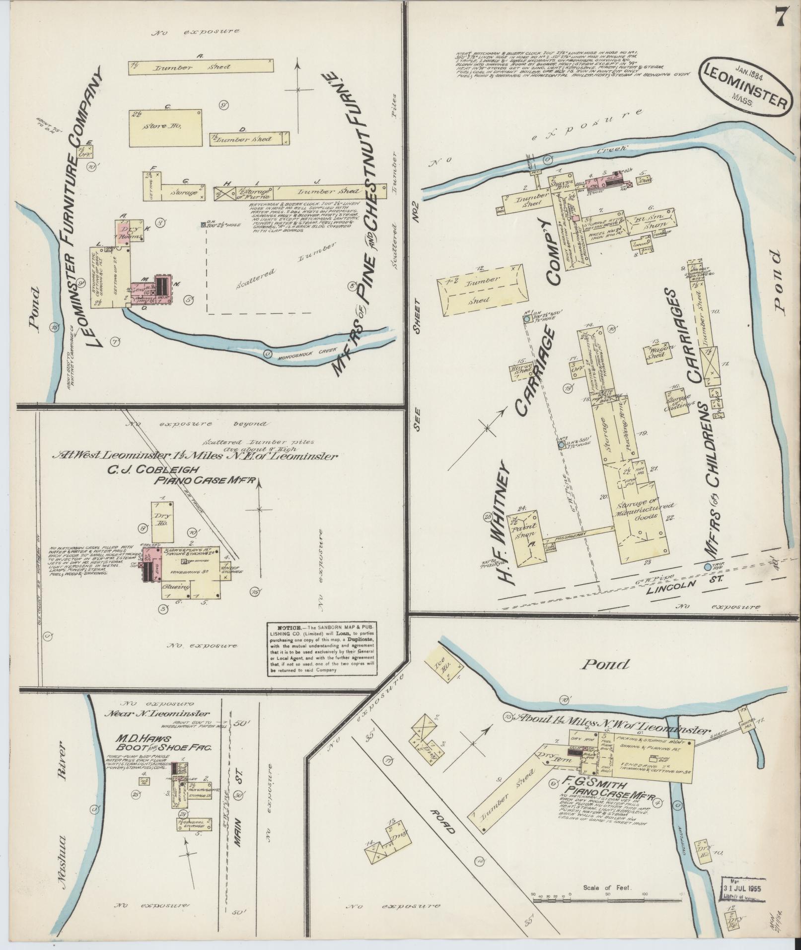 Sanborn Fire Insurance Map from Leominster, Worcester County, Massachusetts (1884), Sheet #0007 - Complete Map Set gallery image, historic Sanborn map, vintage wall art, Massachusetts Massachusetts
