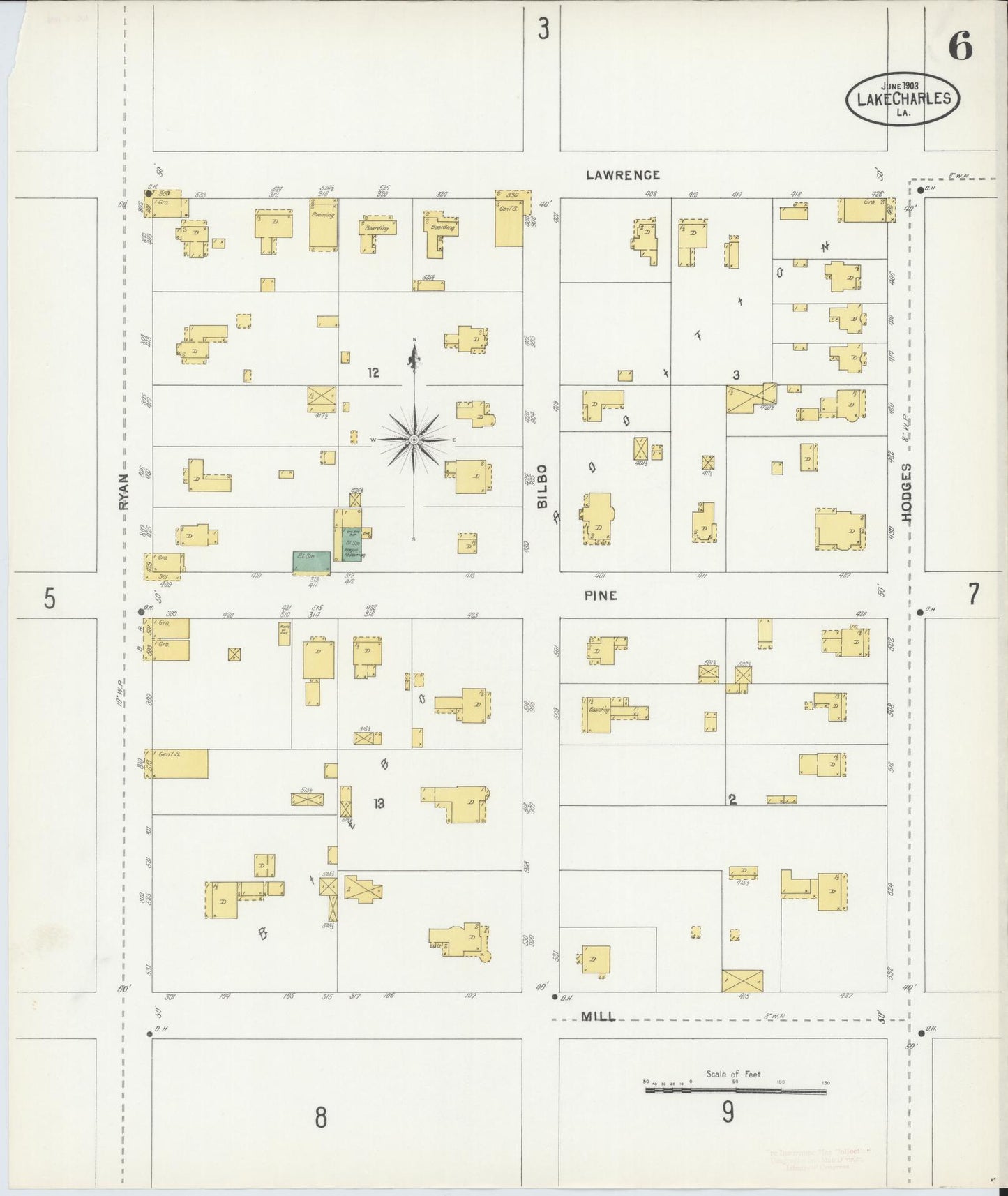 Sanborn Fire Insurance Map from Lake Charles, Calcasieu Parish, Louisiana (1903), Sheet #0006 - Historic Sanborn Fire Insurance Map Print, vintage old map wall art, antique decor, genealogy gift, Louisiana Louisiana map