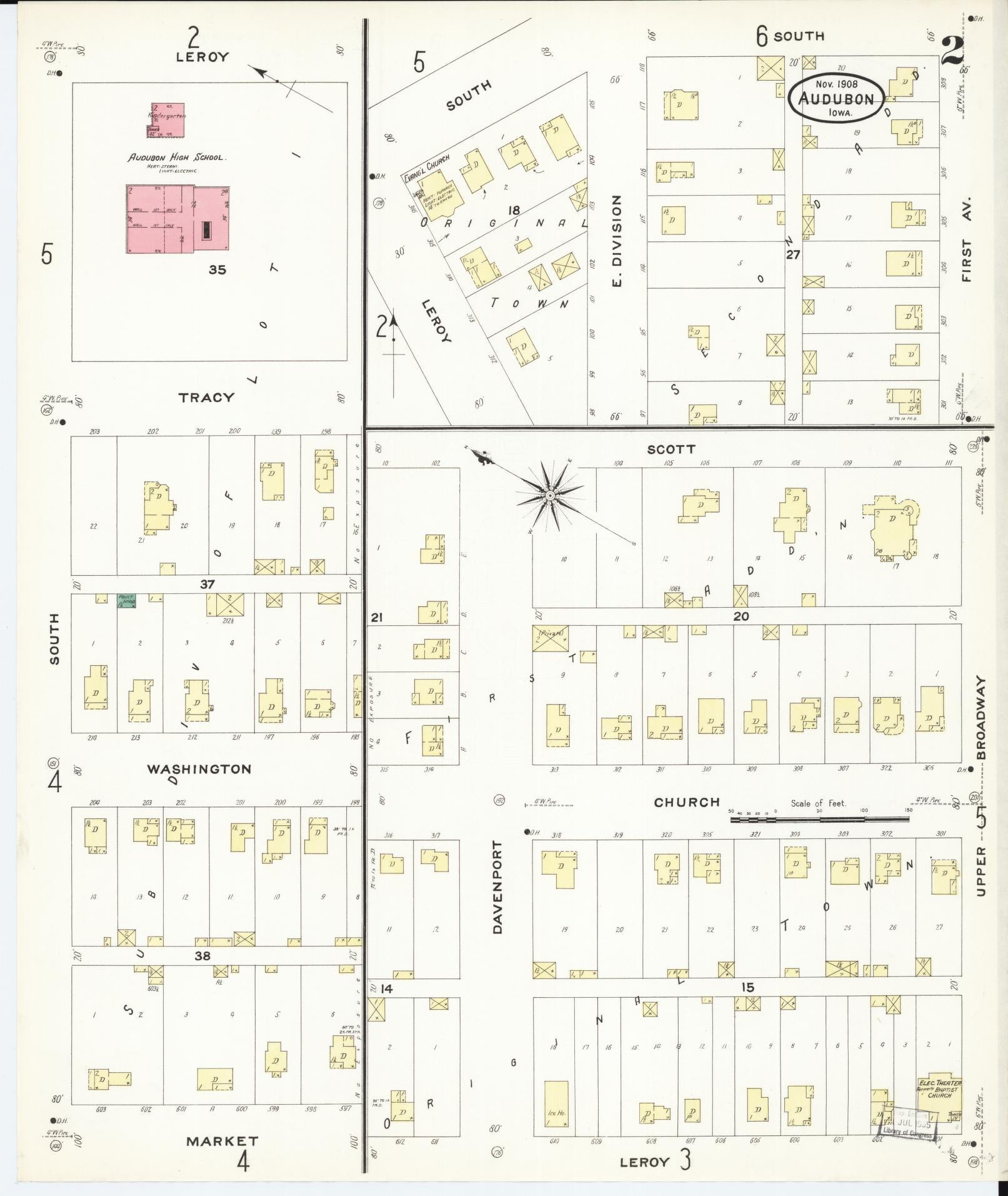 Sanborn Fire Insurance Map from Audubon, Audubon County, Iowa (1908), Sheet #0002 - Historic Sanborn Fire Insurance Map Print, vintage old map wall art
