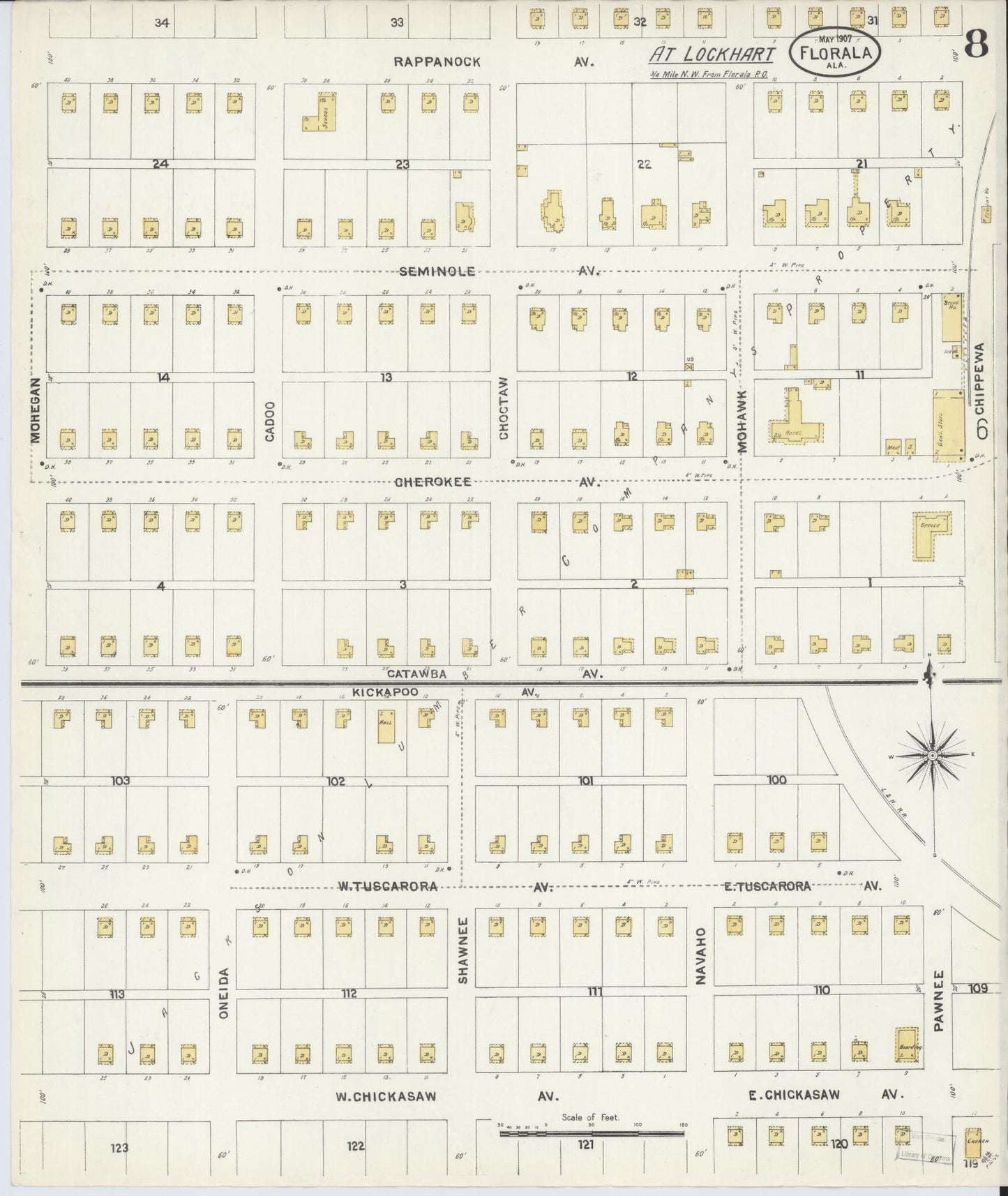 Sanborn Fire Insurance Map from Florala, Covington County, Alabama (1907), Sheet #0008 - Historic Sanborn Fire Insurance Map Print, vintage old map wall art, antique decor, genealogy gift, Alabama Alabama map