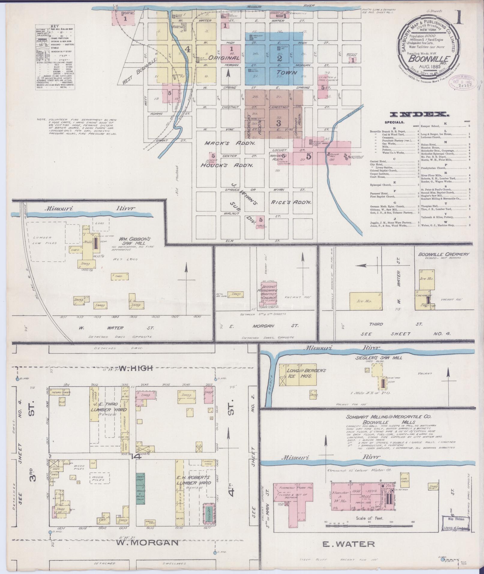 Sanborn Fire Insurance Map from Boonville, Cooper County, Missouri (1885), Sheet #0001 - Historic Sanborn Fire Insurance Map Print, vintage old map wall art, antique decor, genealogy gift, Missouri Missouri map