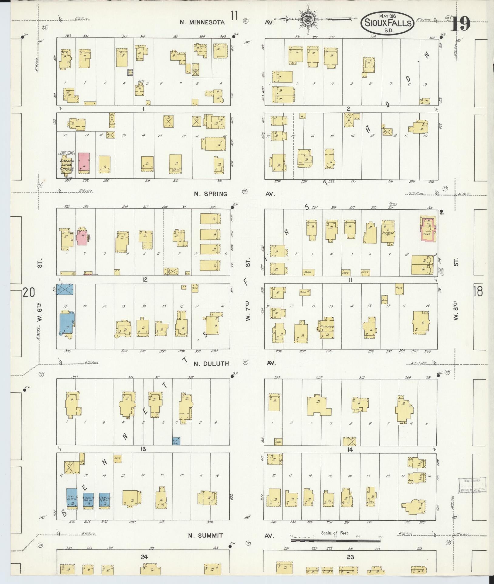 Sanborn Fire Insurance Map from Sioux Falls, Minnehaha County, South Dakota (1916), Sheet #0019 - Complete Map Set gallery image, historic Sanborn map, vintage wall art, South Dakota South Dakota