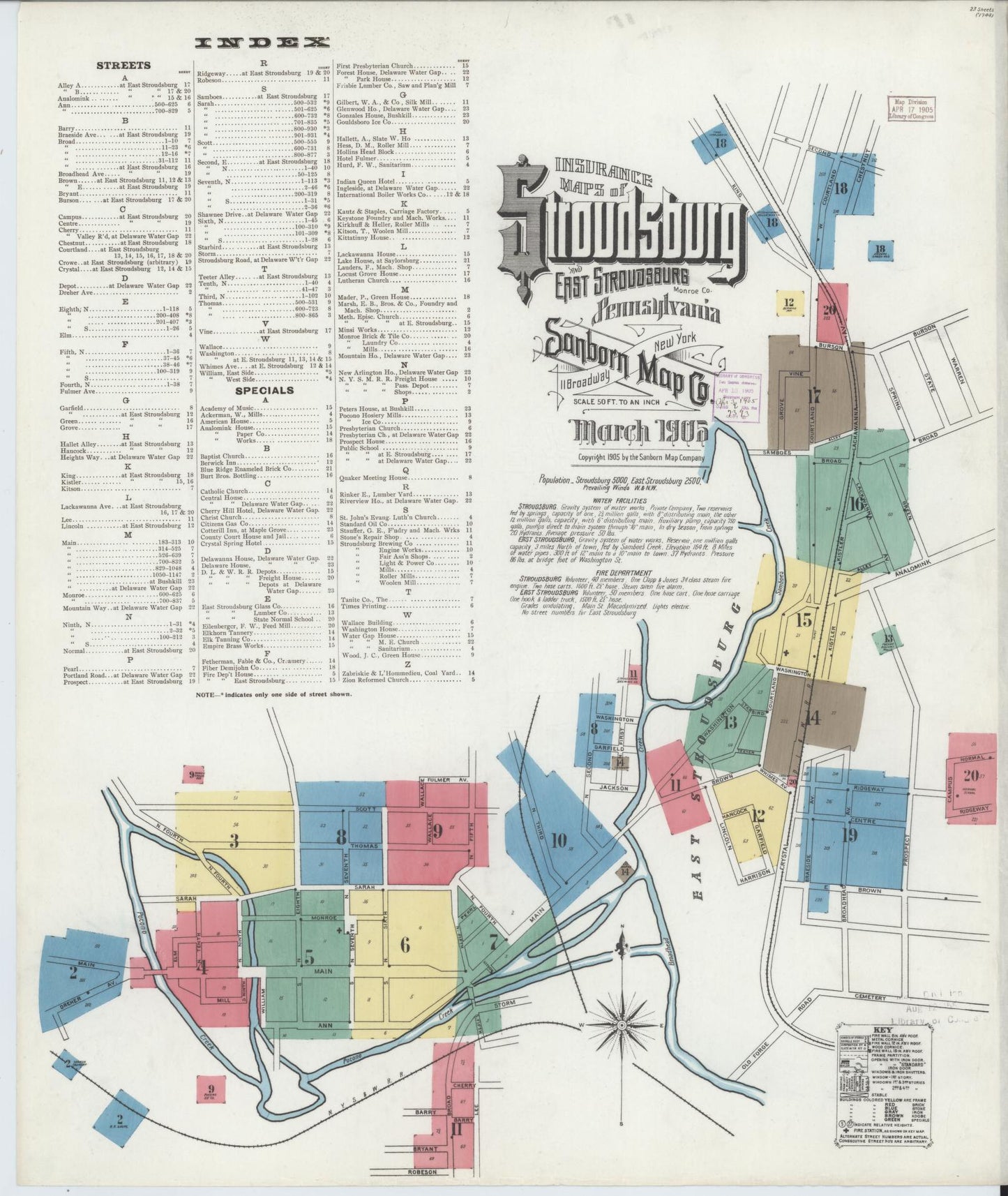 Sanborn Fire Insurance Map from Stroudsburg, Monroe County, Pennsylvania (1905), Sheet #0001 - Historic Sanborn Fire Insurance Map Print, vintage old map wall art, antique decor, genealogy gift, Pennsylvania Pennsylvania map