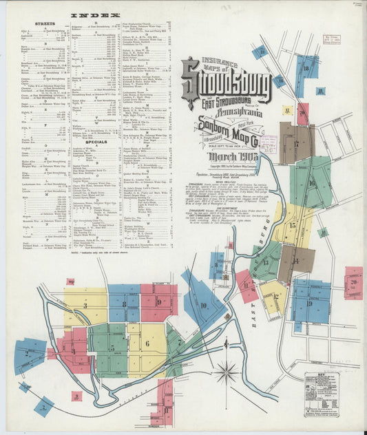 Sanborn Fire Insurance Map from Stroudsburg, Monroe County, Pennsylvania (1905), Sheet #0001 - Historic Sanborn Fire Insurance Map Print, vintage old map wall art, antique decor, genealogy gift, Pennsylvania Pennsylvania map