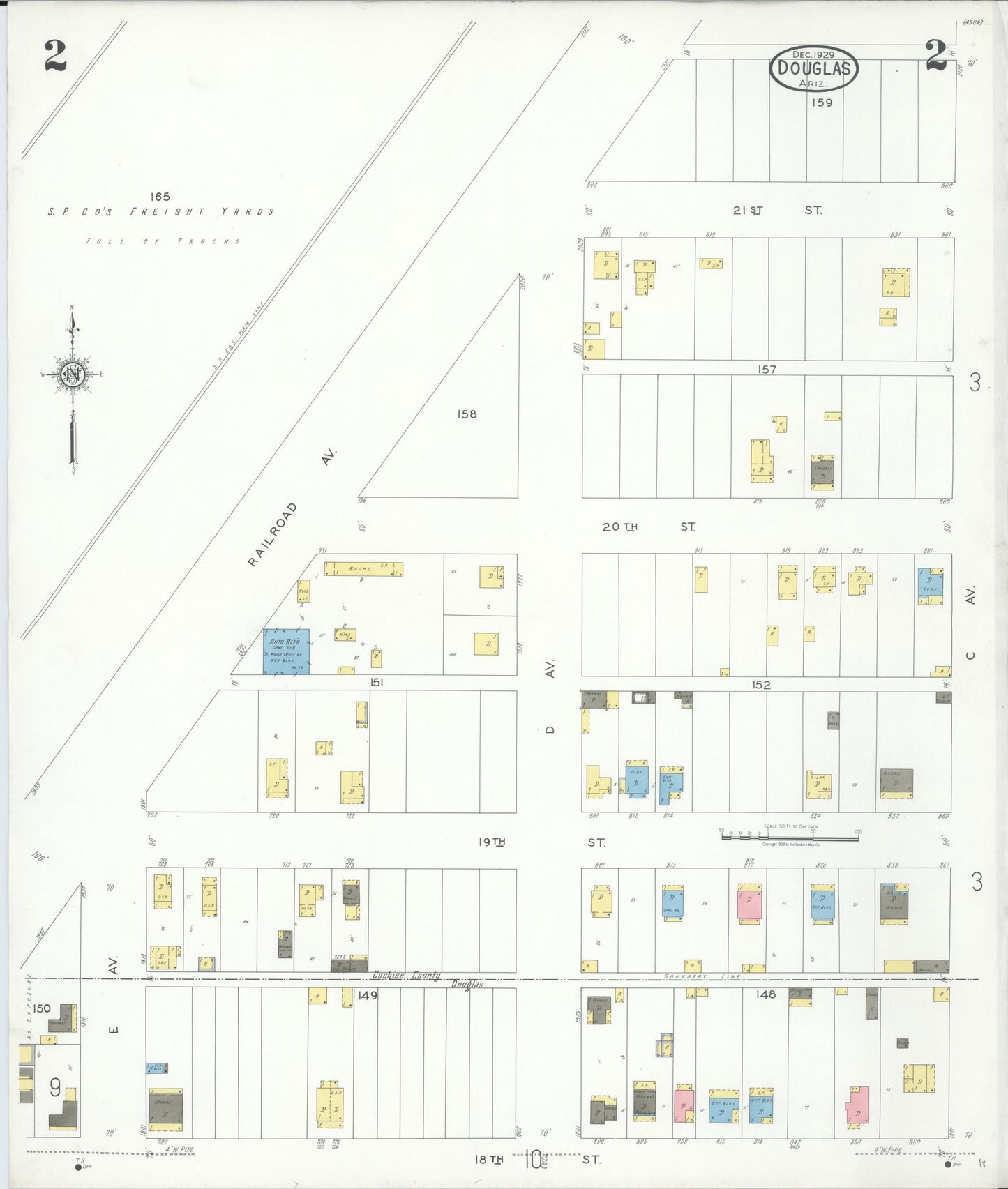 Sanborn Fire Insurance Map from Douglas, Cochise County, Arizona (1929), Sheet #0002 - Historic Sanborn Fire Insurance Map Print, vintage old map wall art, antique decor, genealogy gift, Arizona Arizona map