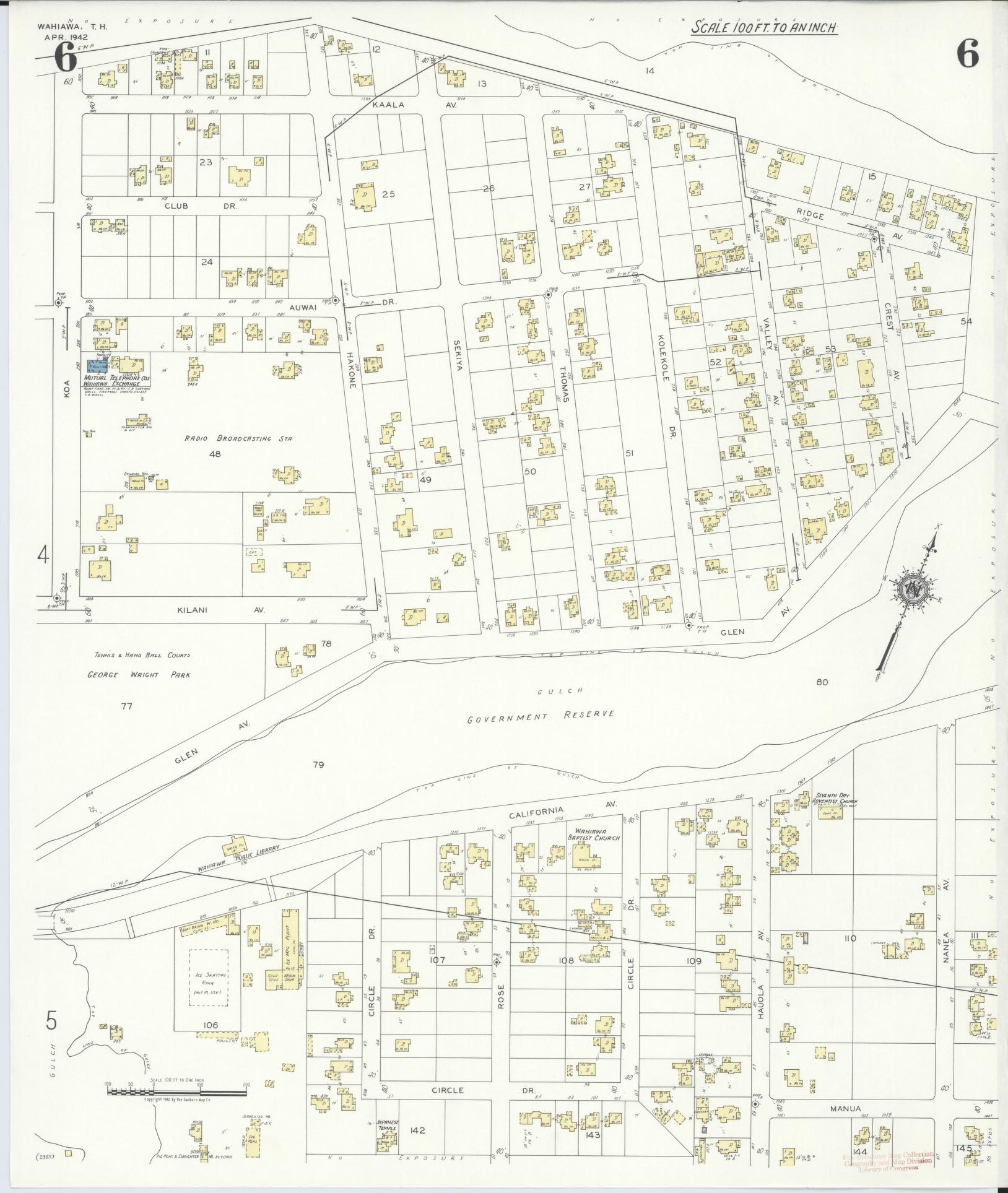 Sanborn Fire Insurance Map from Wahiawa, Honolulu County, Hawaii (1942), Sheet #0006 - Historic Sanborn Fire Insurance Map Print, vintage old map wall art, antique decor, genealogy gift, Hawaii Hawaii map