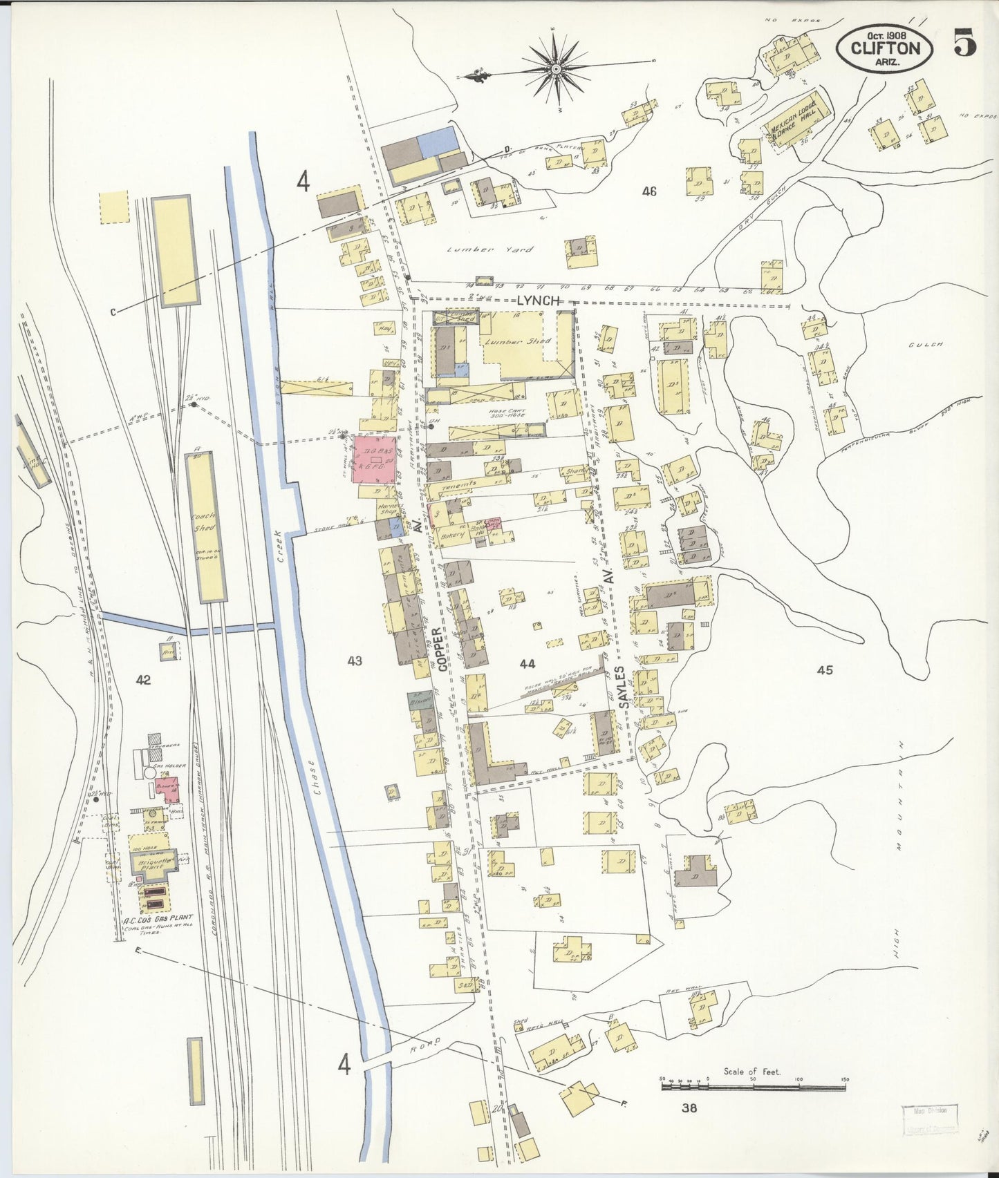 Sanborn Fire Insurance Map from Clifton, Greenlee County, Arizona (1908), Sheet #0005 - Complete Map Set gallery image, historic Sanborn map, vintage wall art, Arizona Arizona