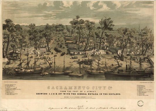 Sacramento city, Ca. from the foot of J. Street, showing I., J., & K. Sts. with the Sierra Nevada in the distance (1850) – Historic Bird’s-Eye View Panorama Print