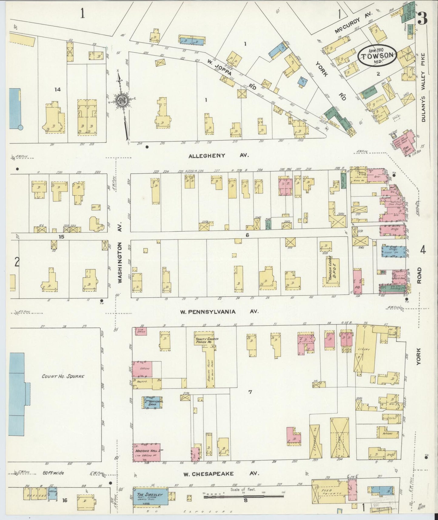 Sanborn Fire Insurance Map from Towson, Baltimore County, Maryland (1910), Sheet #0003 - Historic Sanborn Fire Insurance Map Print, vintage old map wall art