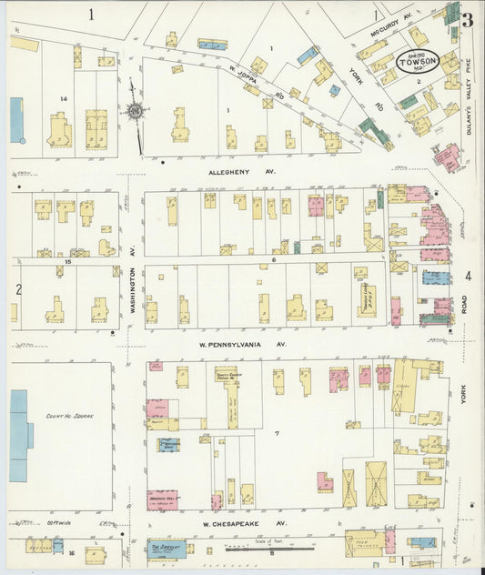 Sanborn Fire Insurance Map from Towson, Baltimore County, Maryland (1910), Sheet #0003 - Historic Sanborn Fire Insurance Map Print, vintage old map wall art