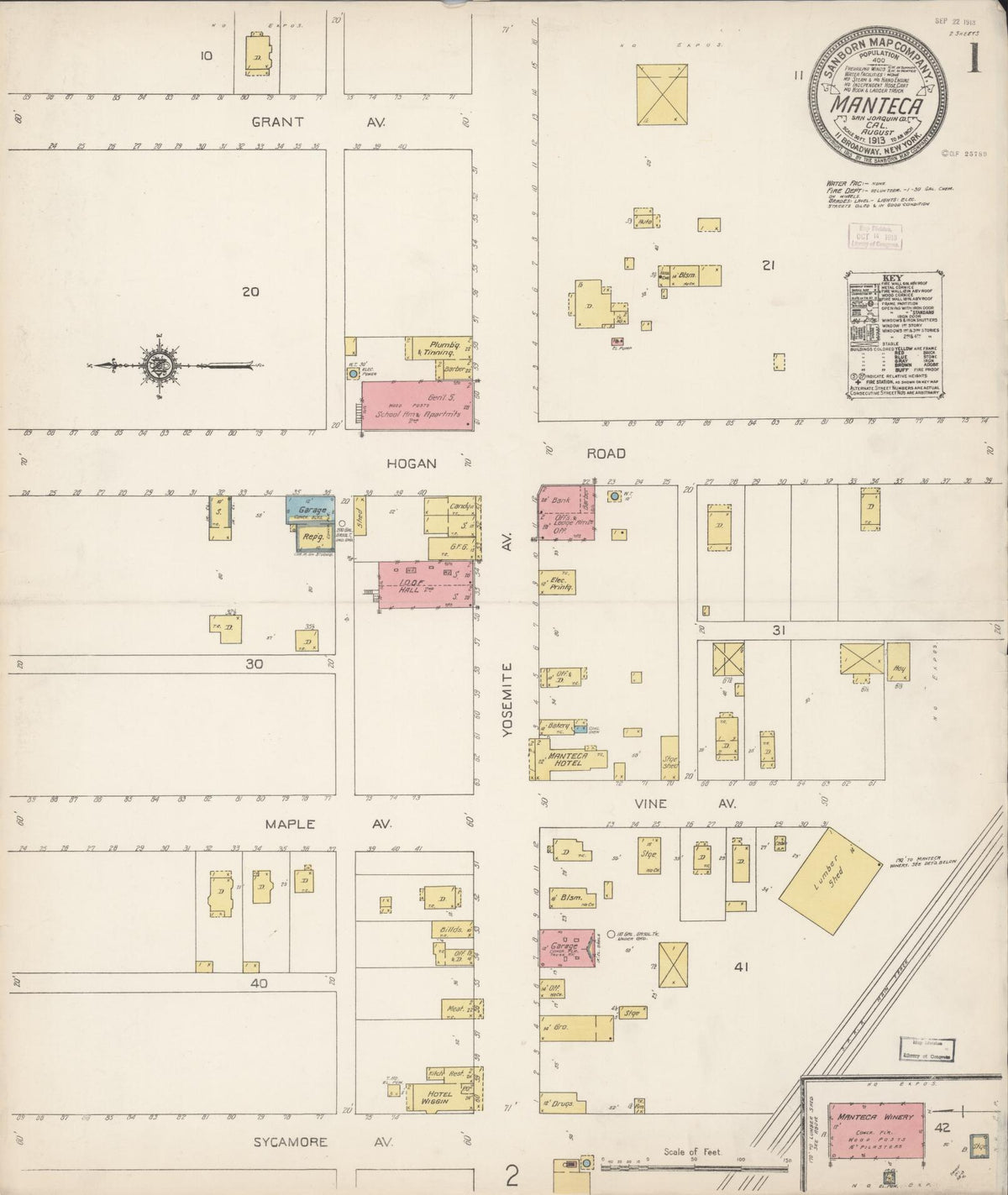 Sanborn Fire Insurance Map from Manteca, San Joaquin County, California (1913), Sheet #0001 - Complete Map Set gallery image, historic Sanborn map, vintage wall art, California California