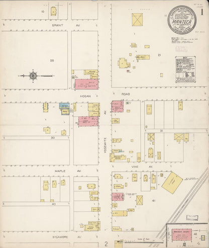 Sanborn Fire Insurance Map from Manteca, San Joaquin County, California (1913), Sheet #0001 - Complete Map Set gallery image, historic Sanborn map, vintage wall art, California California