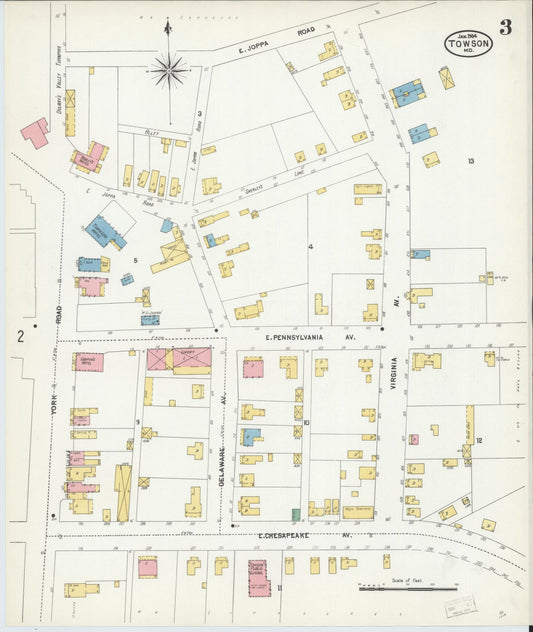 Sanborn Fire Insurance Map from Towson, Baltimore County, Maryland (1904), Sheet #0003 - Historic Sanborn Fire Insurance Map Print, vintage old map wall art