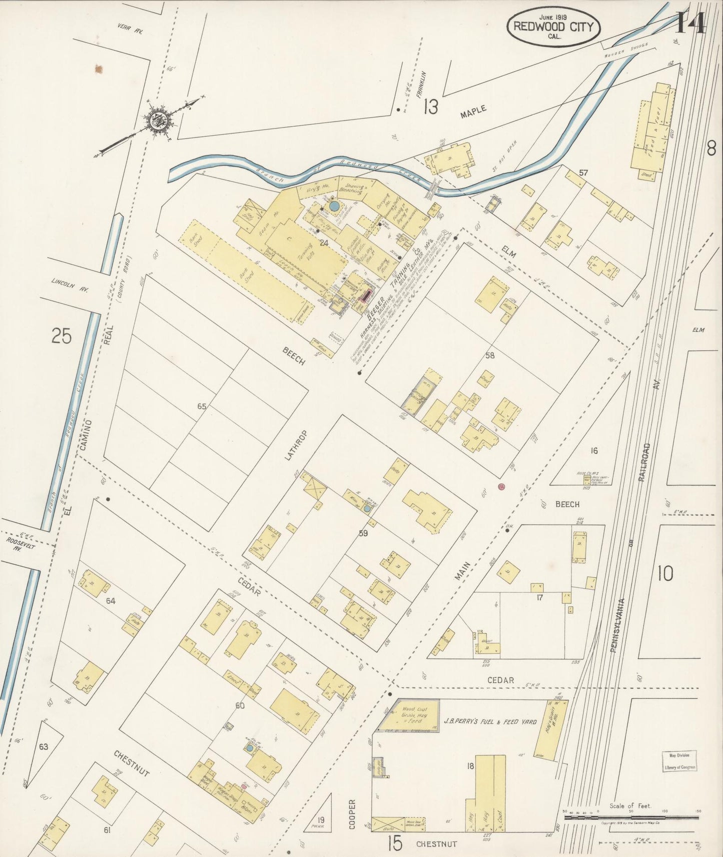 Sanborn Fire Insurance Map from Redwood City, San Mateo County, California (1919), Sheet #0014 - Complete Map Set gallery image, historic Sanborn map, vintage wall art, California California