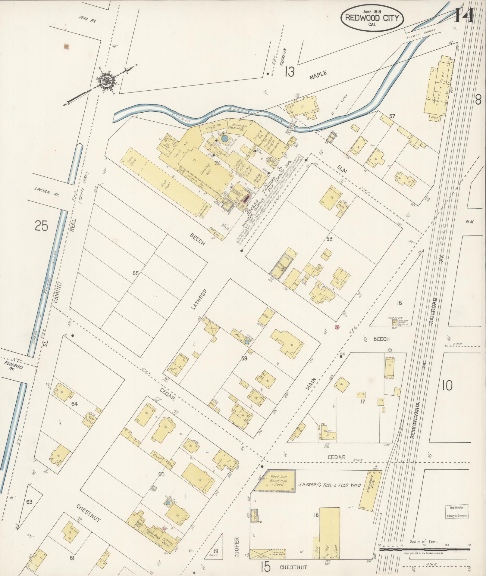 Sanborn Fire Insurance Map from Redwood City, San Mateo County, California (1919), Sheet #0014 - Complete Map Set gallery image, historic Sanborn map, vintage wall art, California California