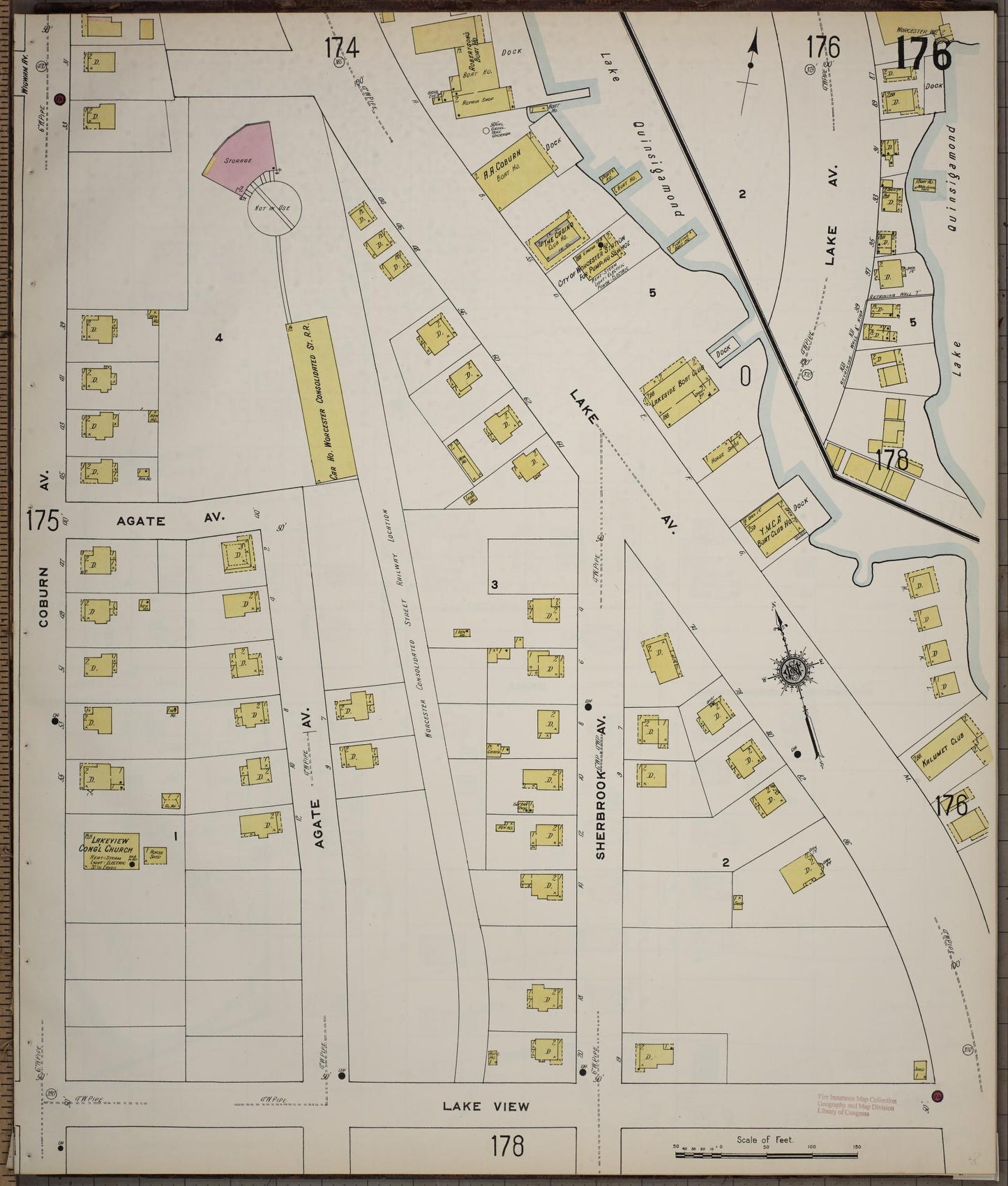 Sanborn Fire Insurance Map from Worcester, Worcester County, Massachusetts (1910), Sheet #0176 - Historic Sanborn Fire Insurance Map Print, vintage old map wall art, antique decor, genealogy gift, Massachusetts Massachusetts map