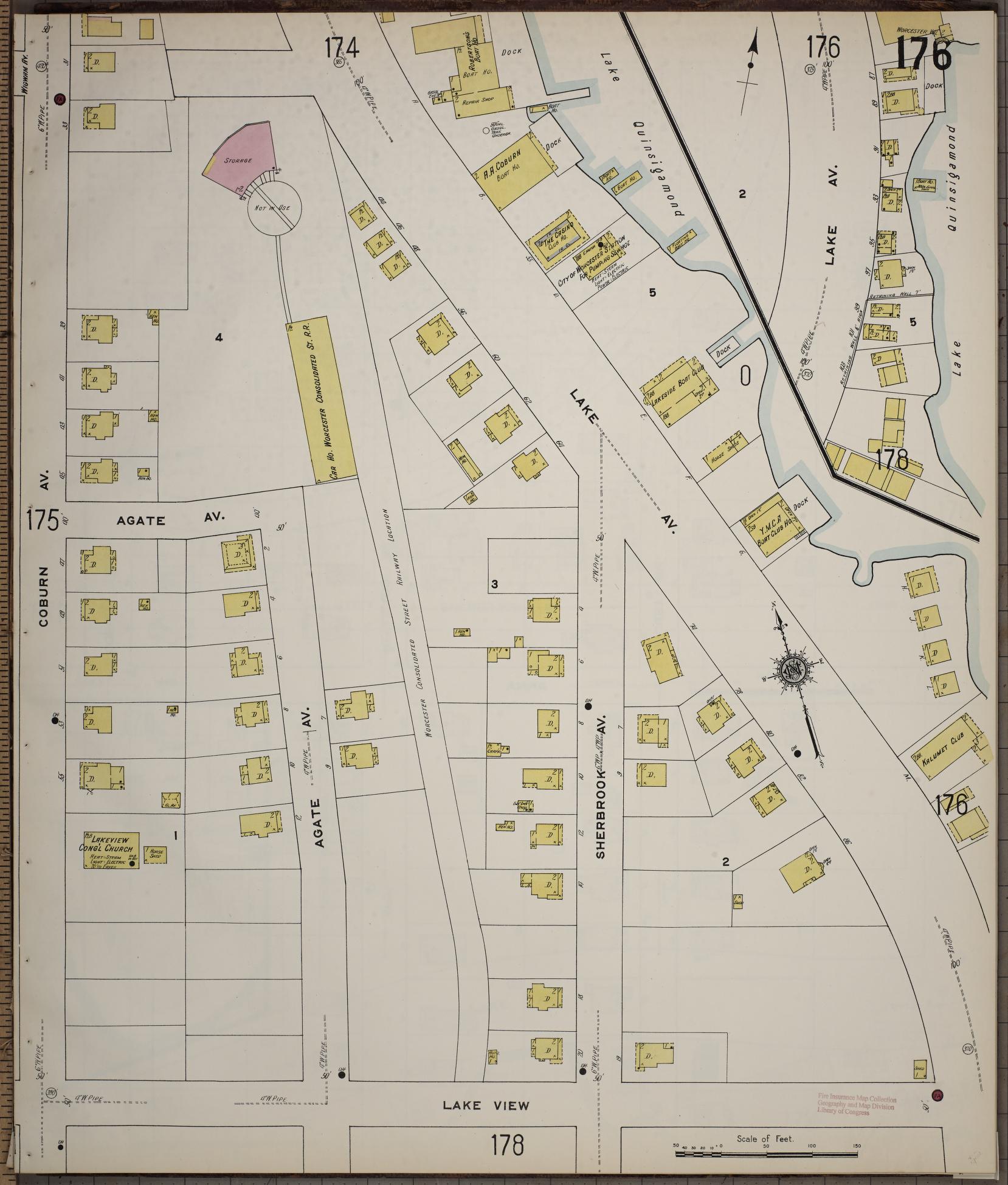 Sanborn Fire Insurance Map from Worcester, Worcester County, Massachusetts (1910), Sheet #0176 - Historic Sanborn Fire Insurance Map Print, vintage old map wall art, antique decor, genealogy gift, Massachusetts Massachusetts map