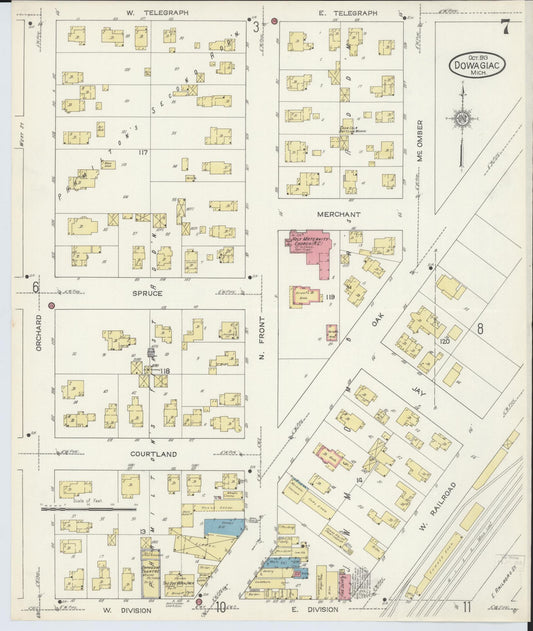 Sanborn Fire Insurance Map from Dowagiac, Cass County, Michigan (1913), Sheet #0007 - Historic Sanborn Fire Insurance Map Print, vintage old map wall art, antique decor, genealogy gift, Michigan Michigan map