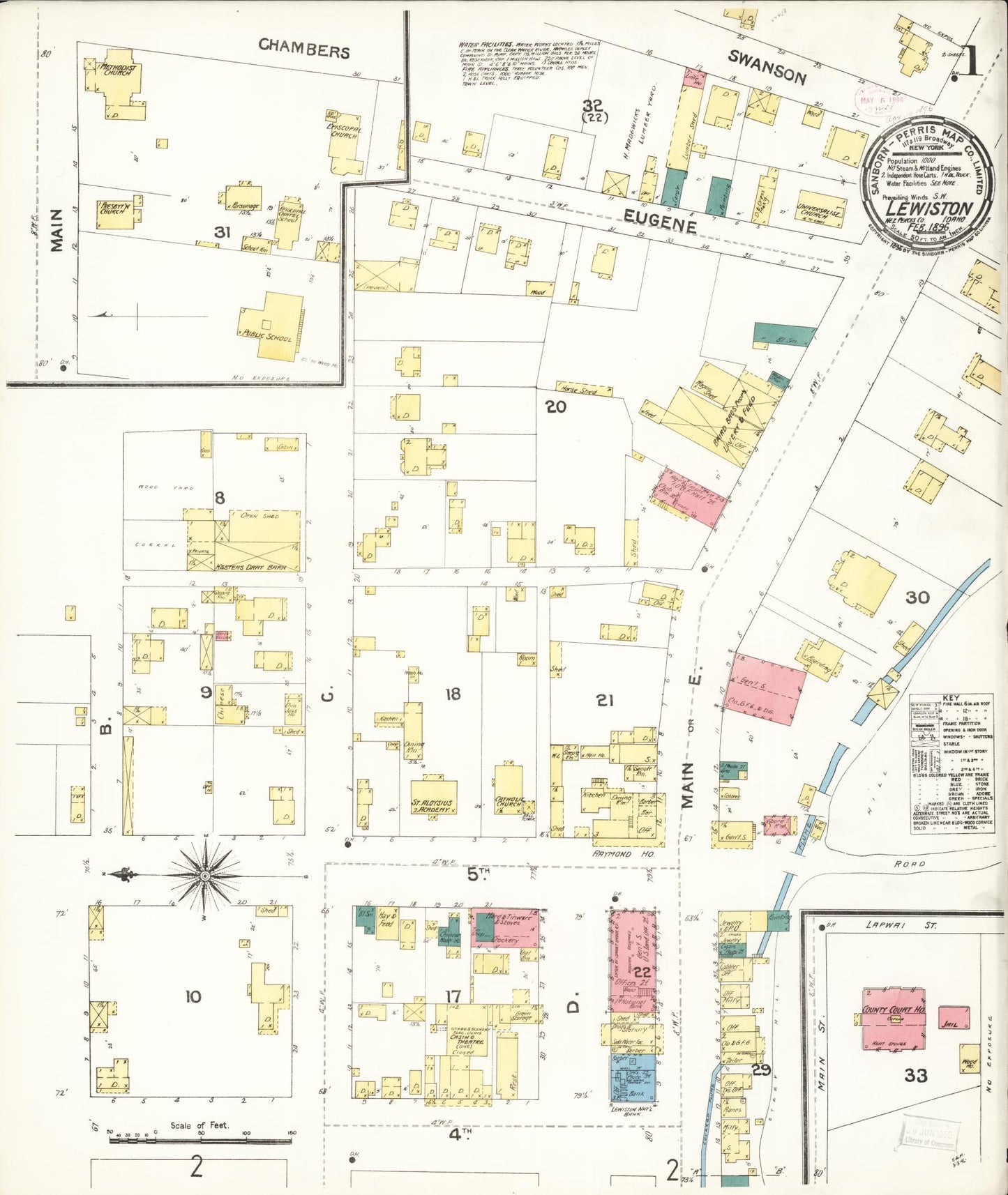 Sanborn Fire Insurance Map from Lewiston, Nez Perce County, Idaho (1896), Sheet #0001 - Complete Map Set gallery image, historic Sanborn map, vintage wall art, Idaho Idaho