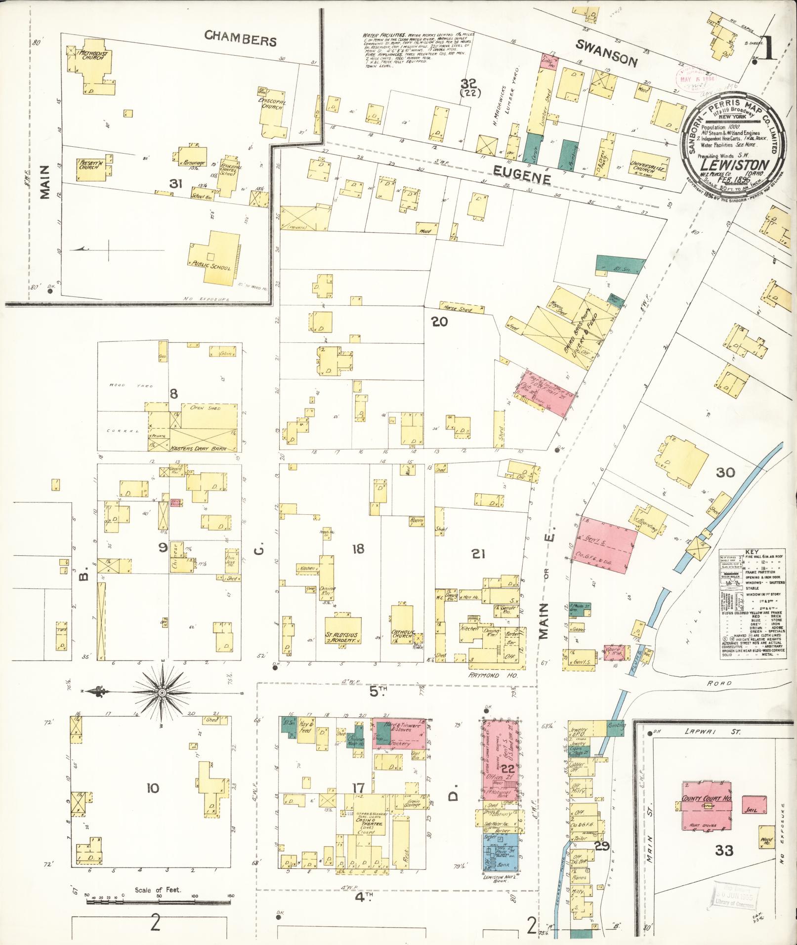 Sanborn Fire Insurance Map from Lewiston, Nez Perce County, Idaho (1896), Sheet #0001 - Complete Map Set gallery image, historic Sanborn map, vintage wall art, Idaho Idaho