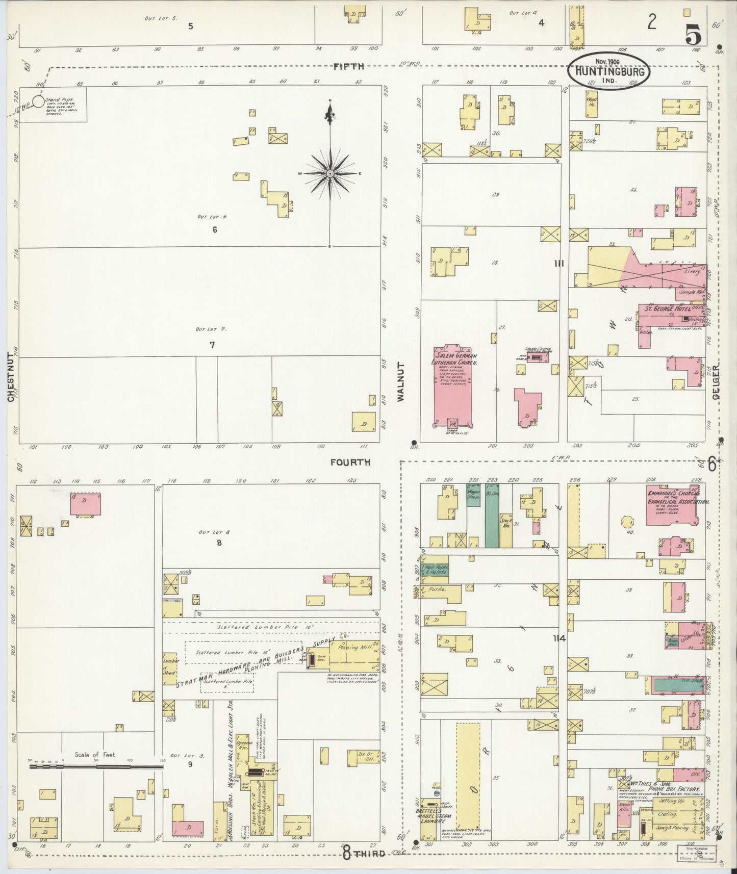 Sanborn Fire Insurance Map from Huntingburg, Dubois County, Indiana (1906), Sheet #0005 - Complete Map Set gallery image, historic Sanborn map, vintage wall art, Indiana Indiana