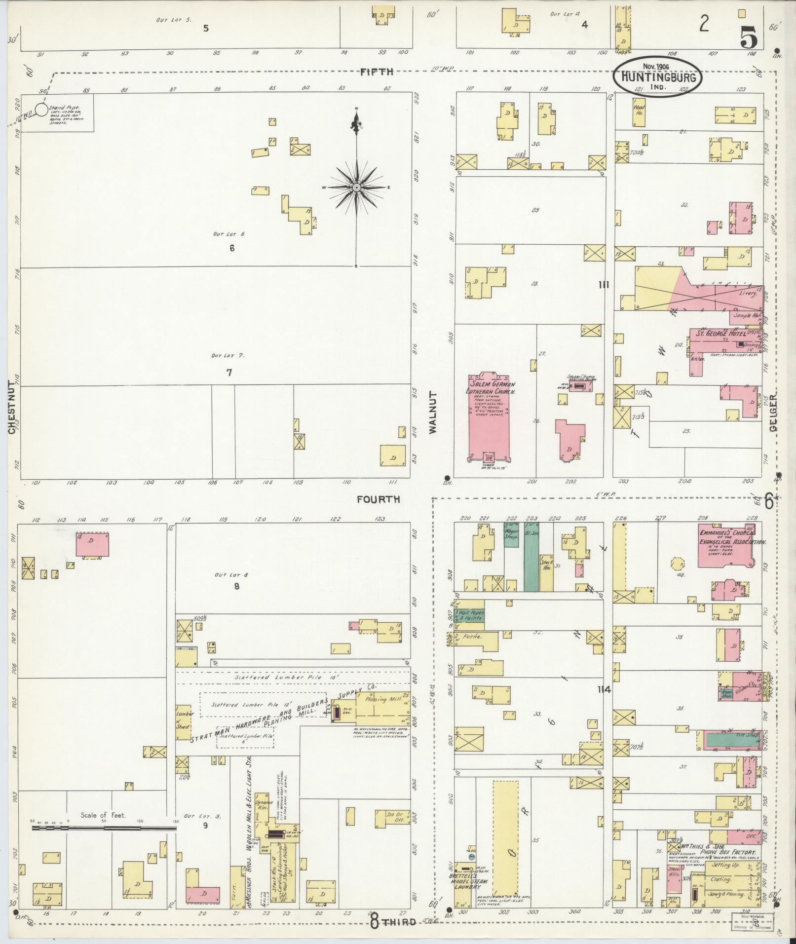 Sanborn Fire Insurance Map from Huntingburg, Dubois County, Indiana (1906), Sheet #0005 - Complete Map Set gallery image, historic Sanborn map, vintage wall art, Indiana Indiana